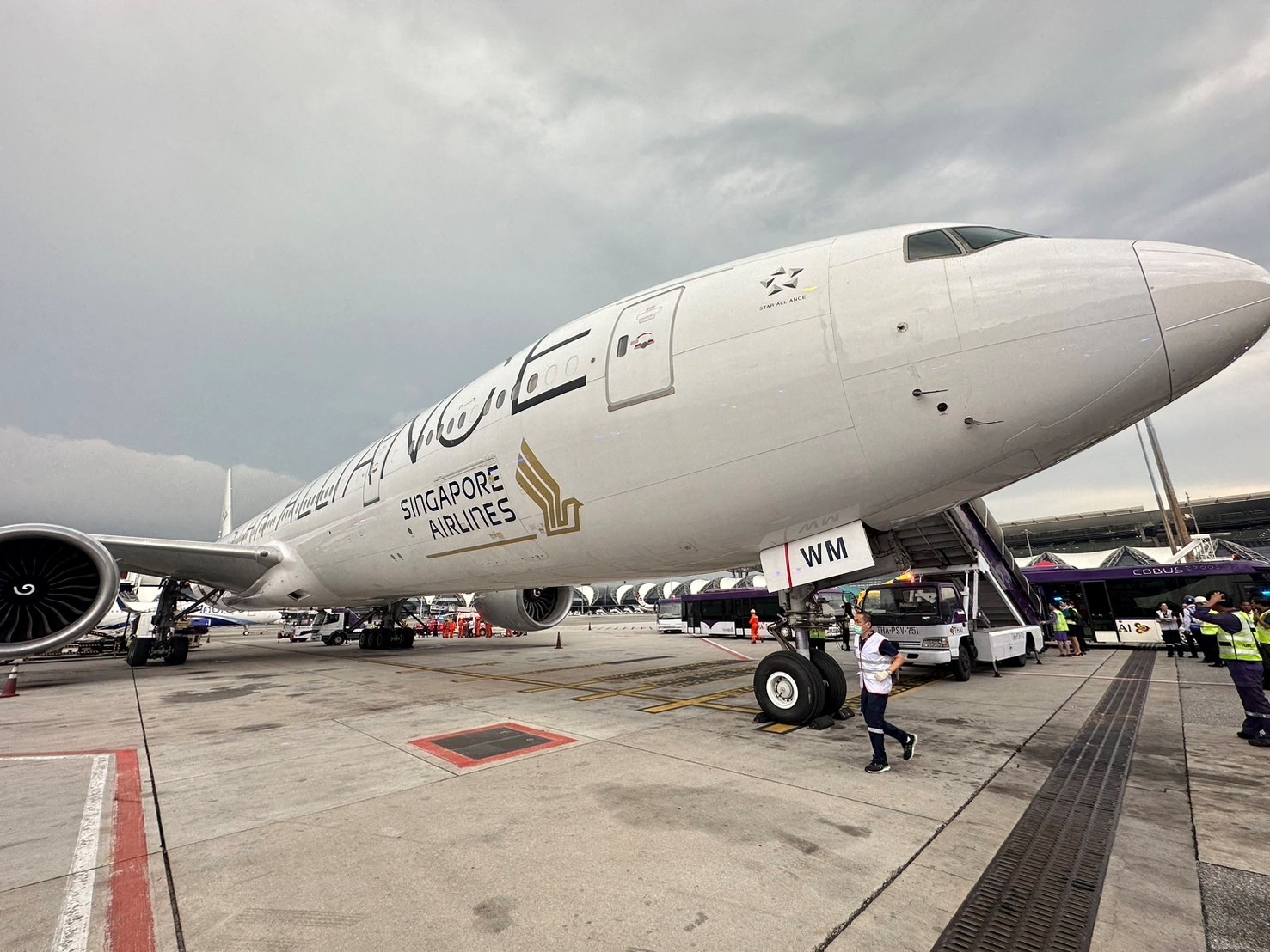 A Singapore Airlines aircraft is seen on tarmac after requesting an emergency landing at Bangkok's Suvarnabhumi International airport, Thailand