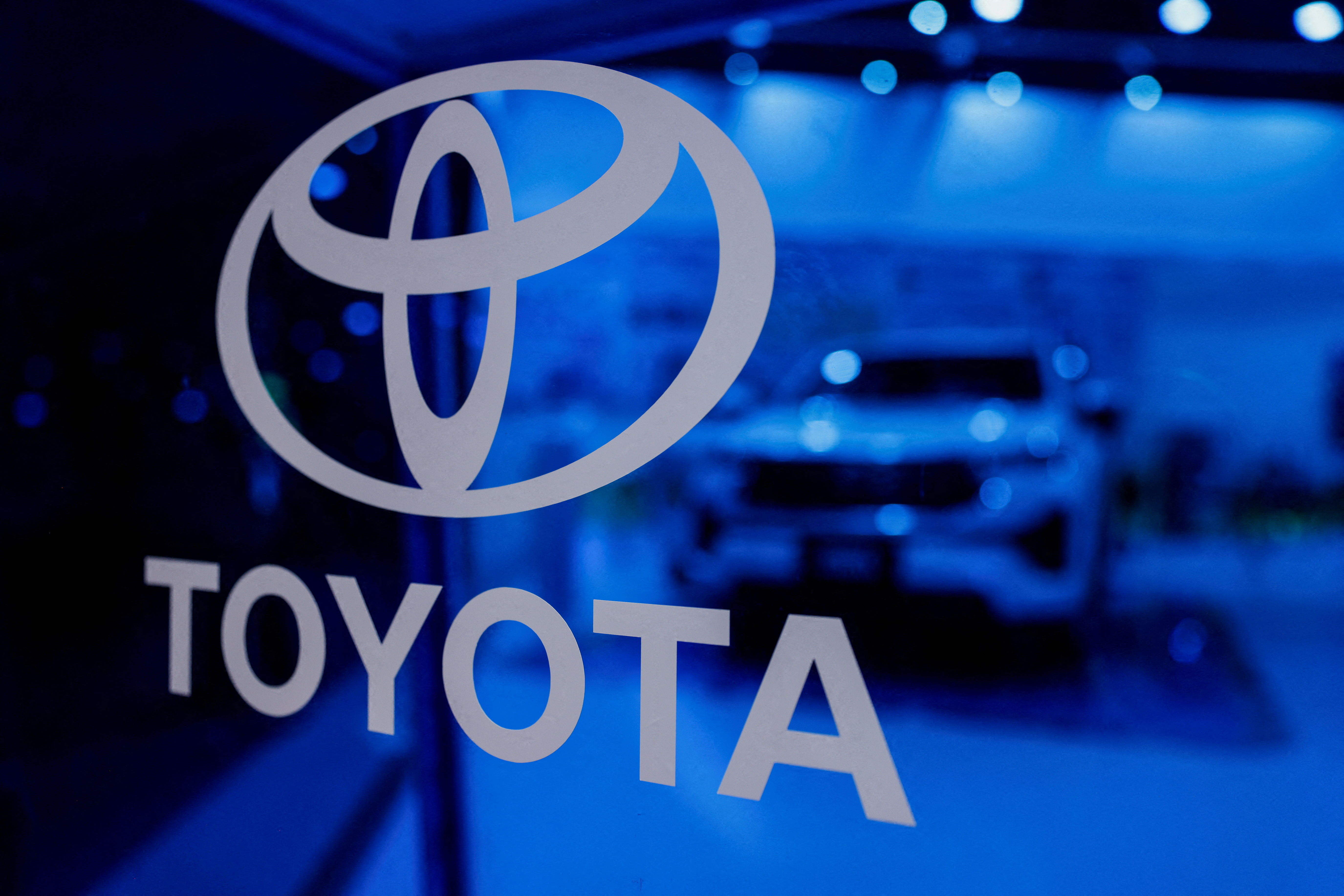 Toyota's logo is seen in their exhibition stall at Bharat Mobility Global Expo organised by India's commerce ministry at Pragati Maidan in New Delhi