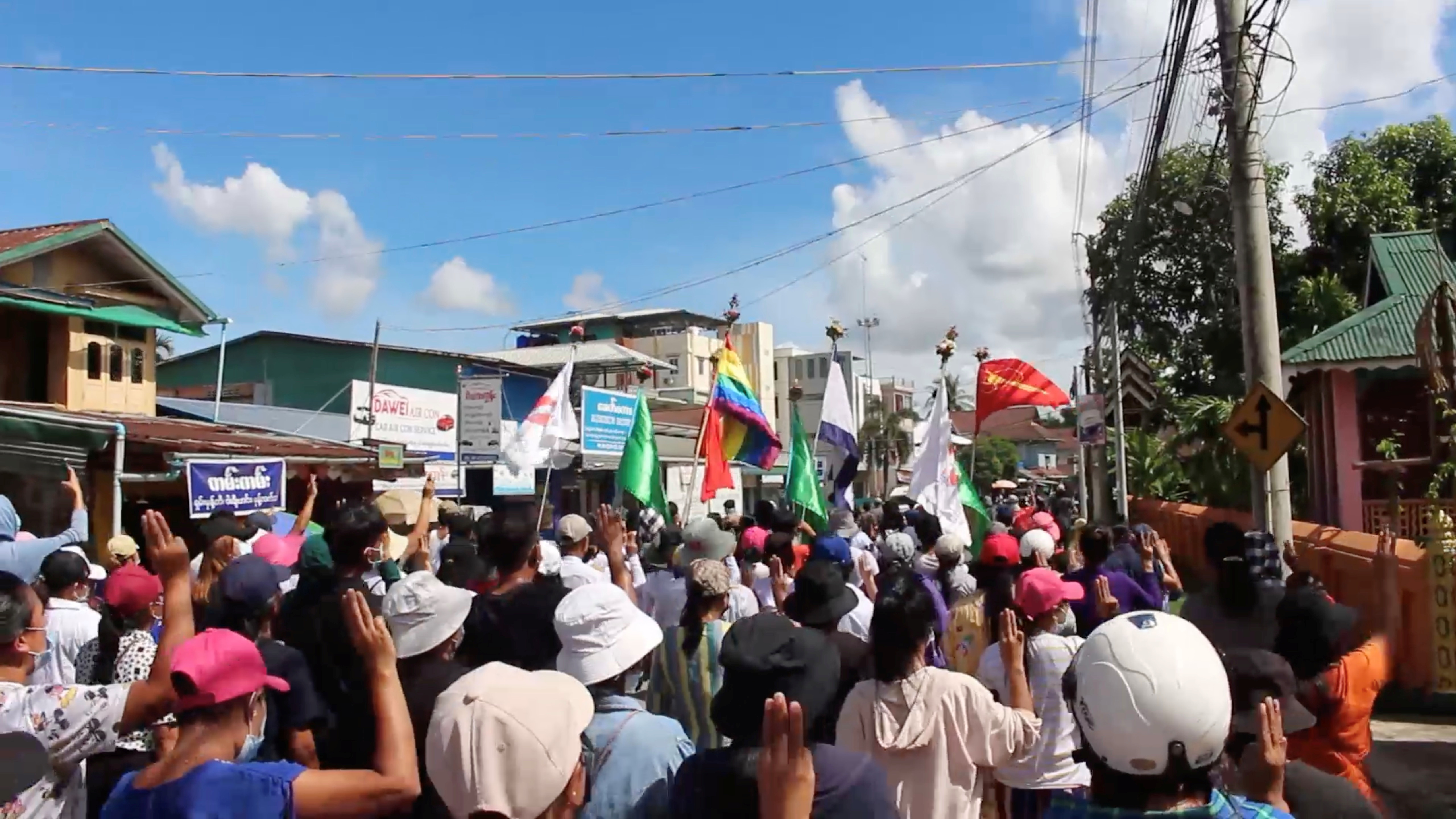 People march in support of the National Unity Government in Dawei, Myanmar April 18, 2021, in this still image taken from a video. DAWEI WATCH via REUTERS  