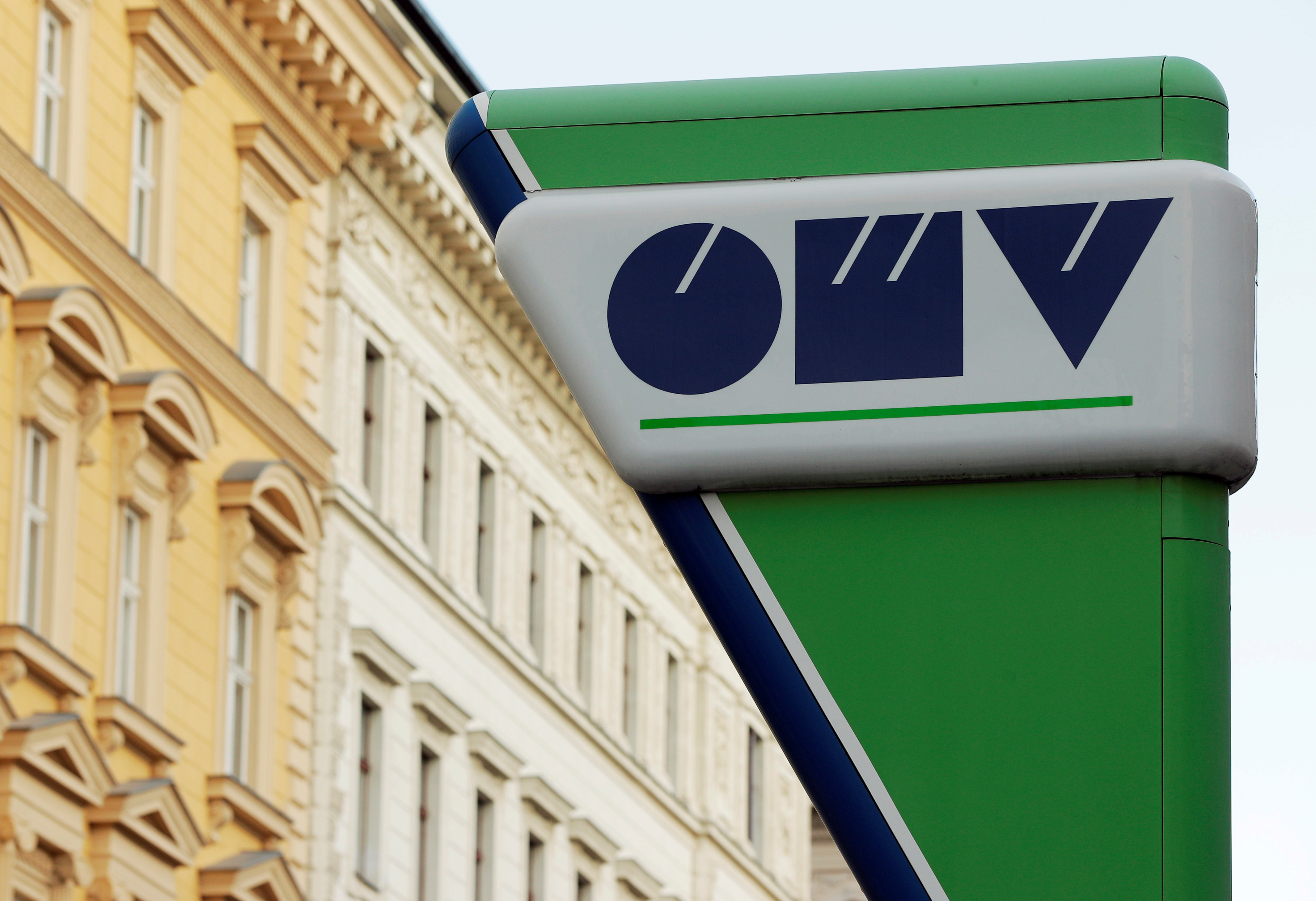 Logo of Austrian oil and gas group OMV is seen at a gas station in Vienna