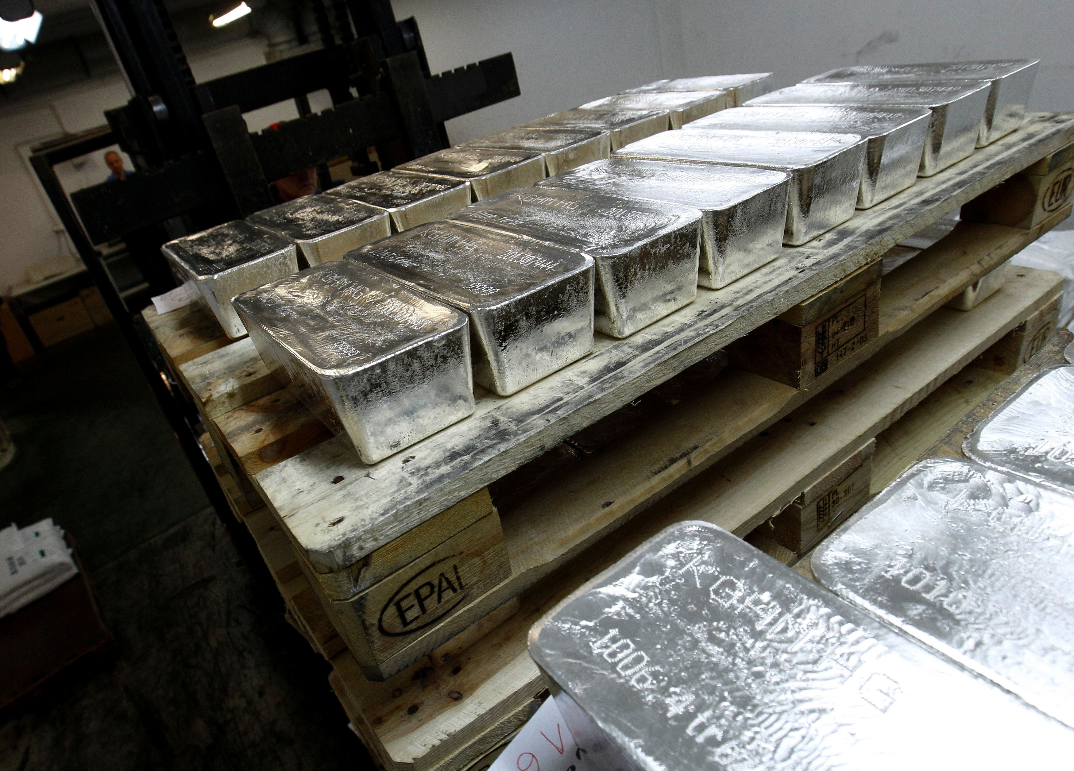 Bars of silver are placed on wooden pallets at the KGHM copper and precious metals smelter processing plant in Glogow