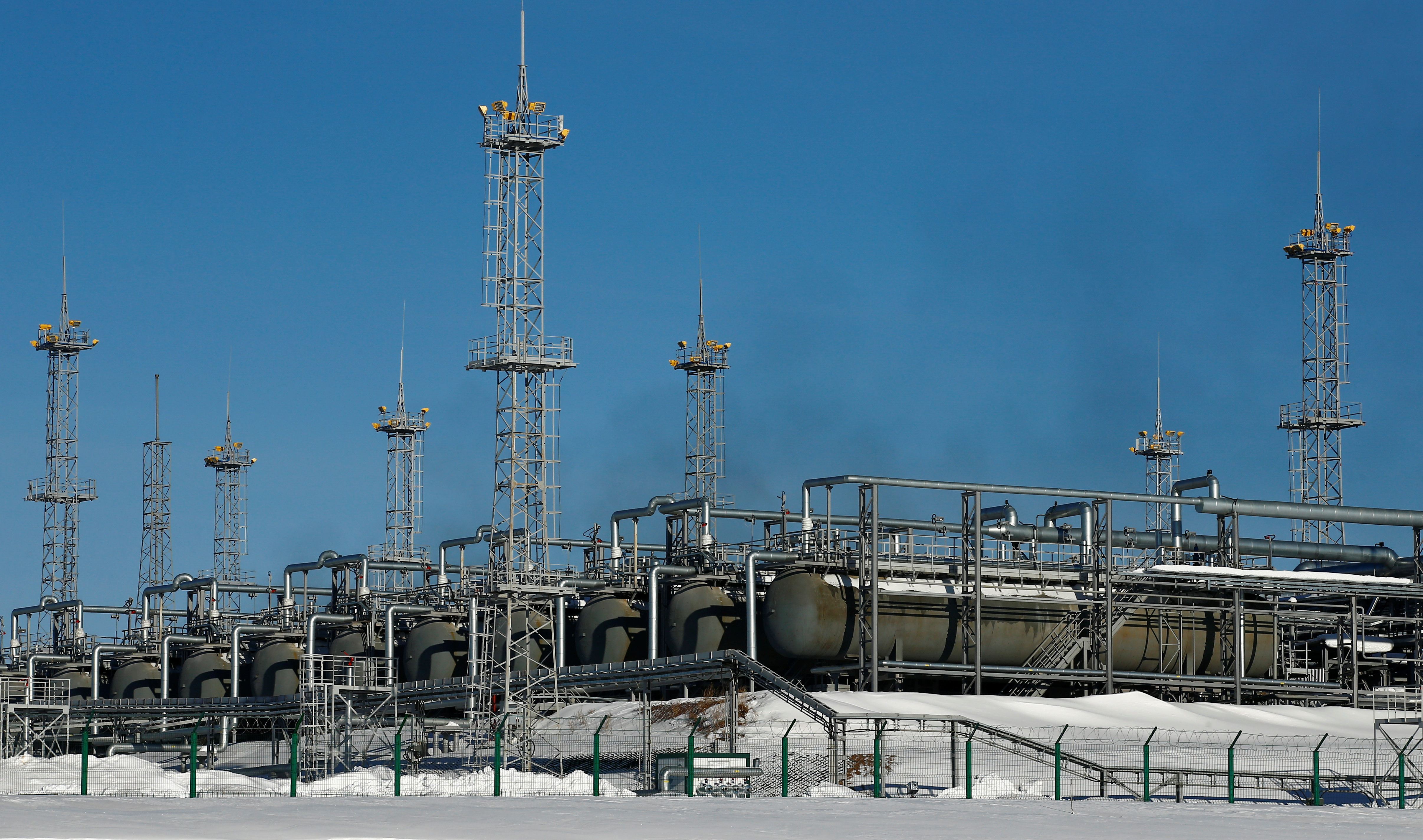 A general view shows tanks with liquefied propane-butane at a natural and associated petroleum gas processing plant in the Yarakta Oil Field. March 11, 2019. REUTERS/Vasily Fedosenko