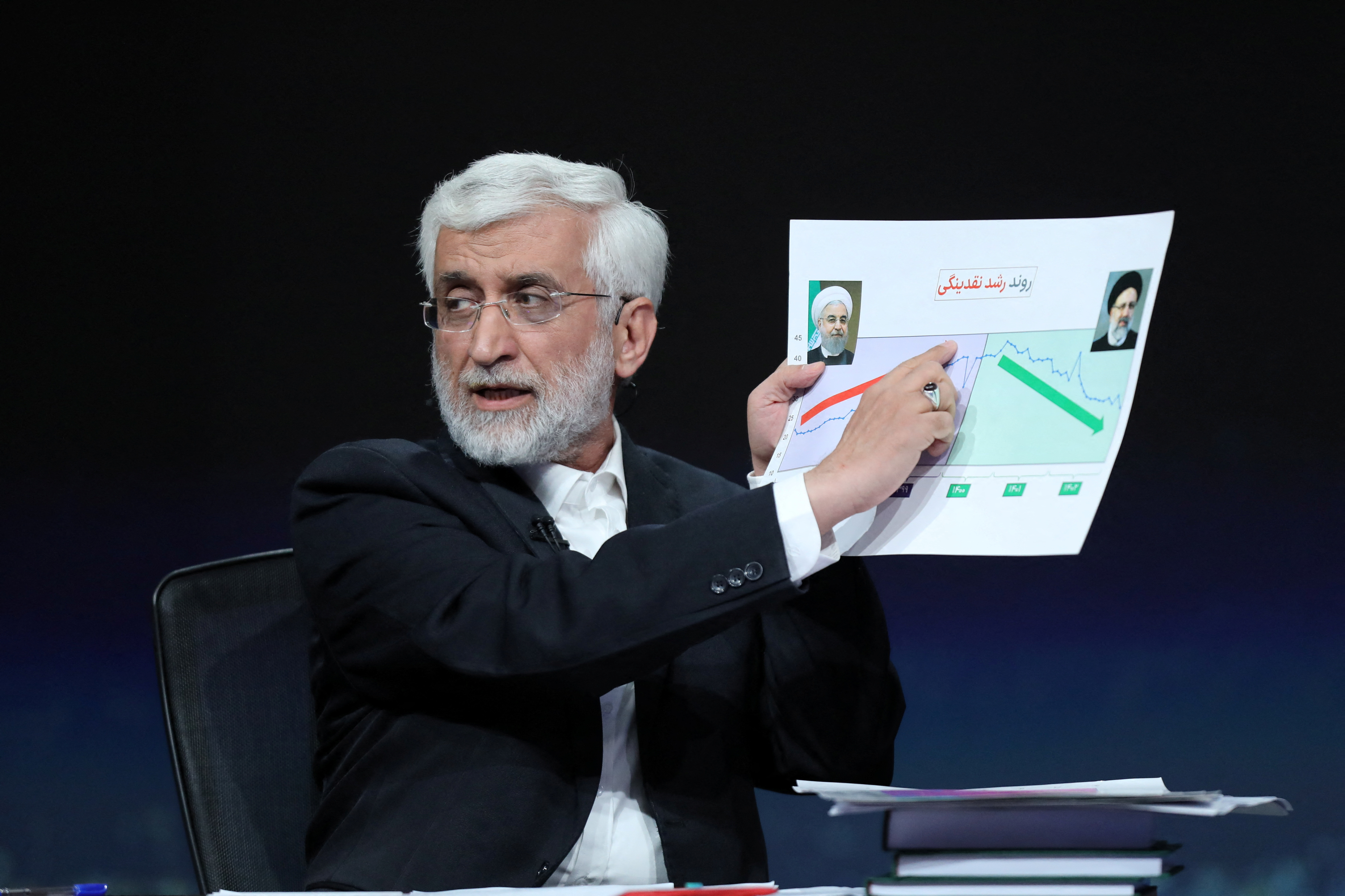 Presidential candidates Pezeshkian and Jalili ​attend an election debate in Tehran
