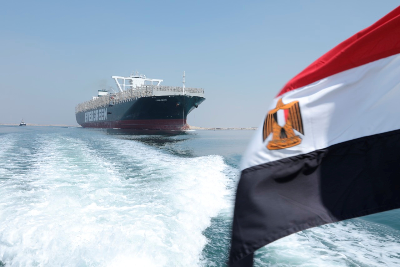Ever Given sails through Suez Canal in Ismailia