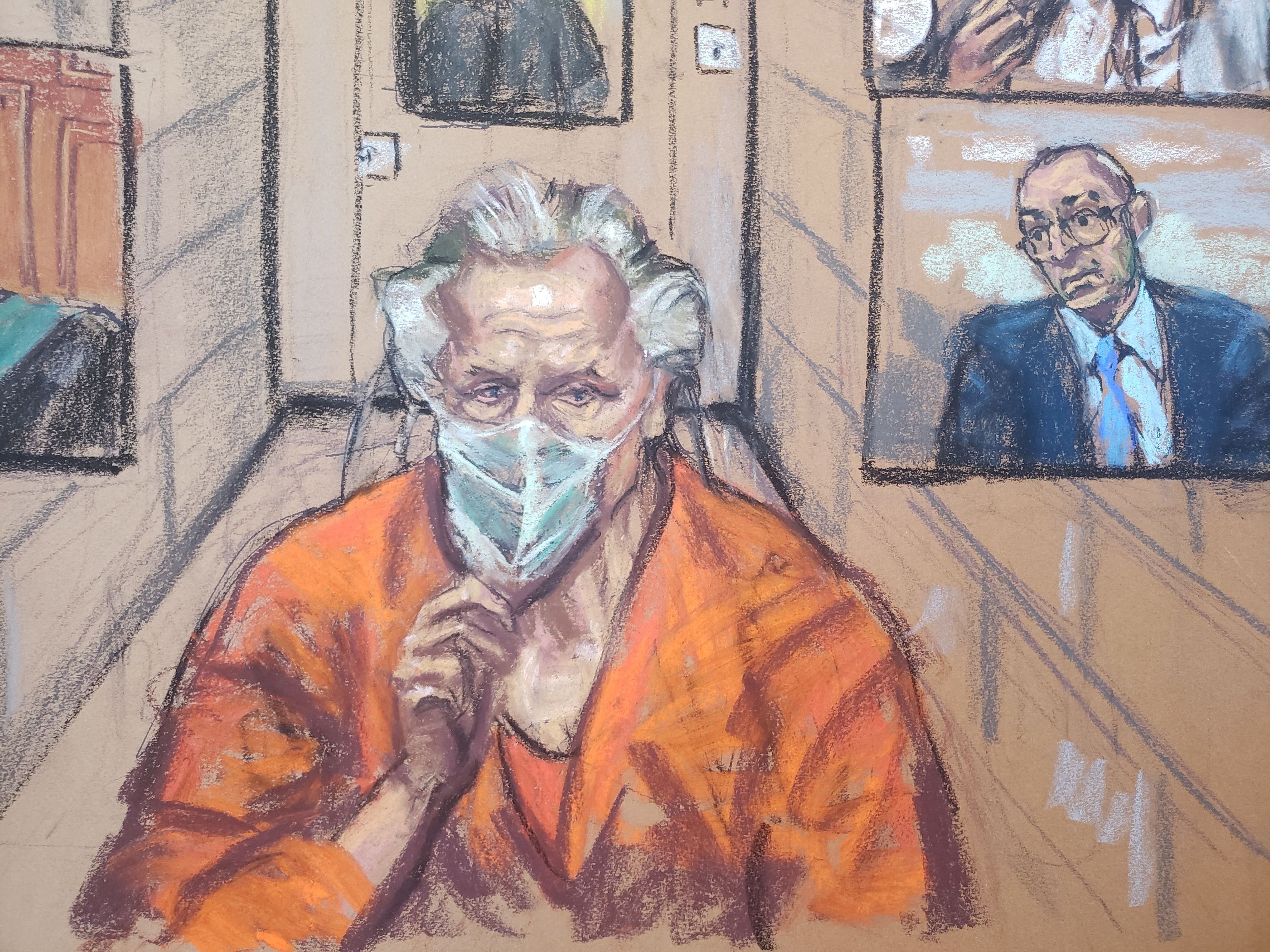 Canadian fashion designer Peter Nygard appears via video feed near a screen of Ontario prosecutor Neville Golwalla during his bail hearing in connection with multiple sexual assault charges in a courtroom in Toronto, Ontario, Canada, in this courtroom sketch January 6, 2022.  REUTERS/Jane Rosenberg