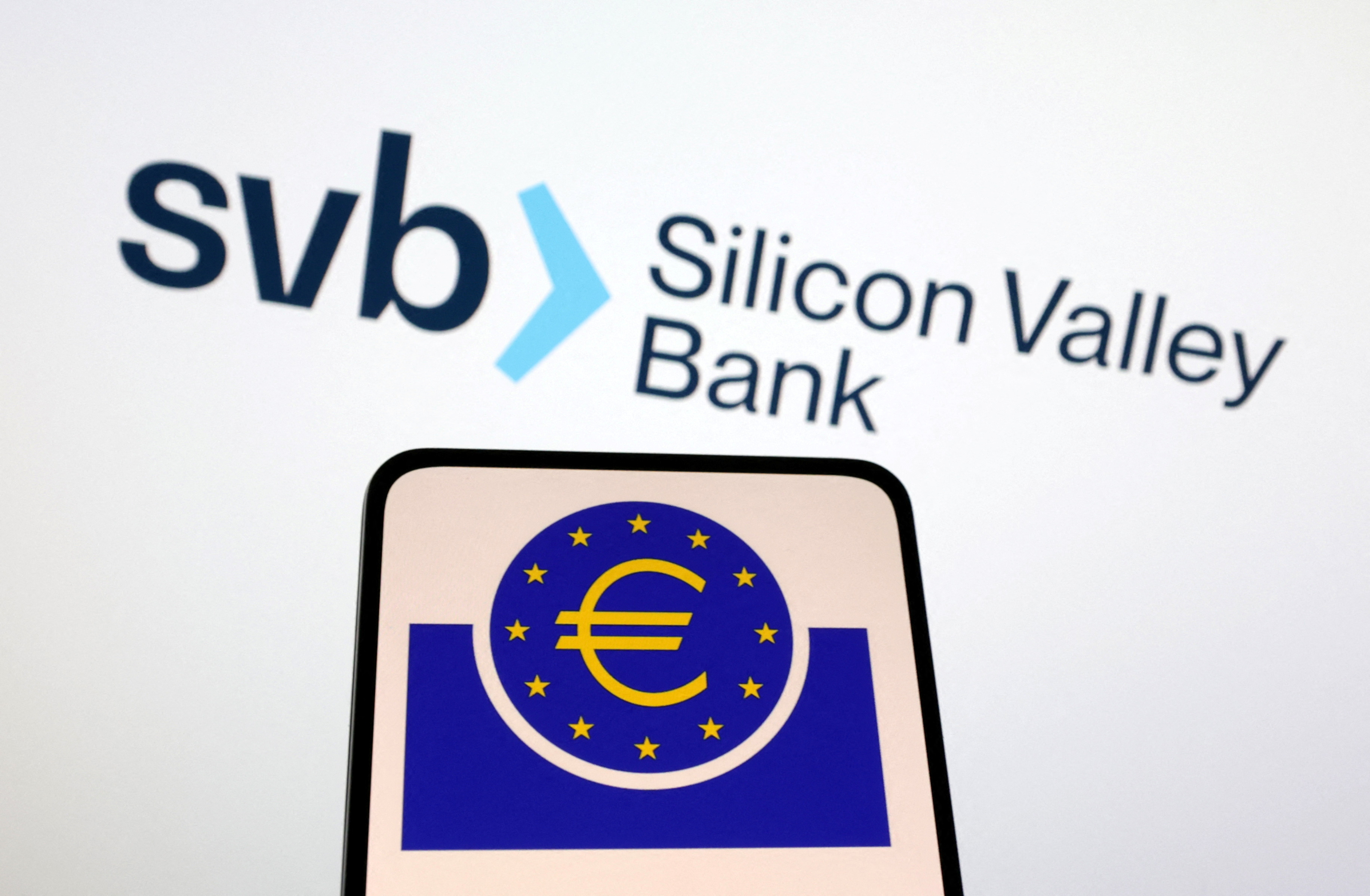 Illustration shows European Central Bank and SVB (Silicon Valley Bank) logos