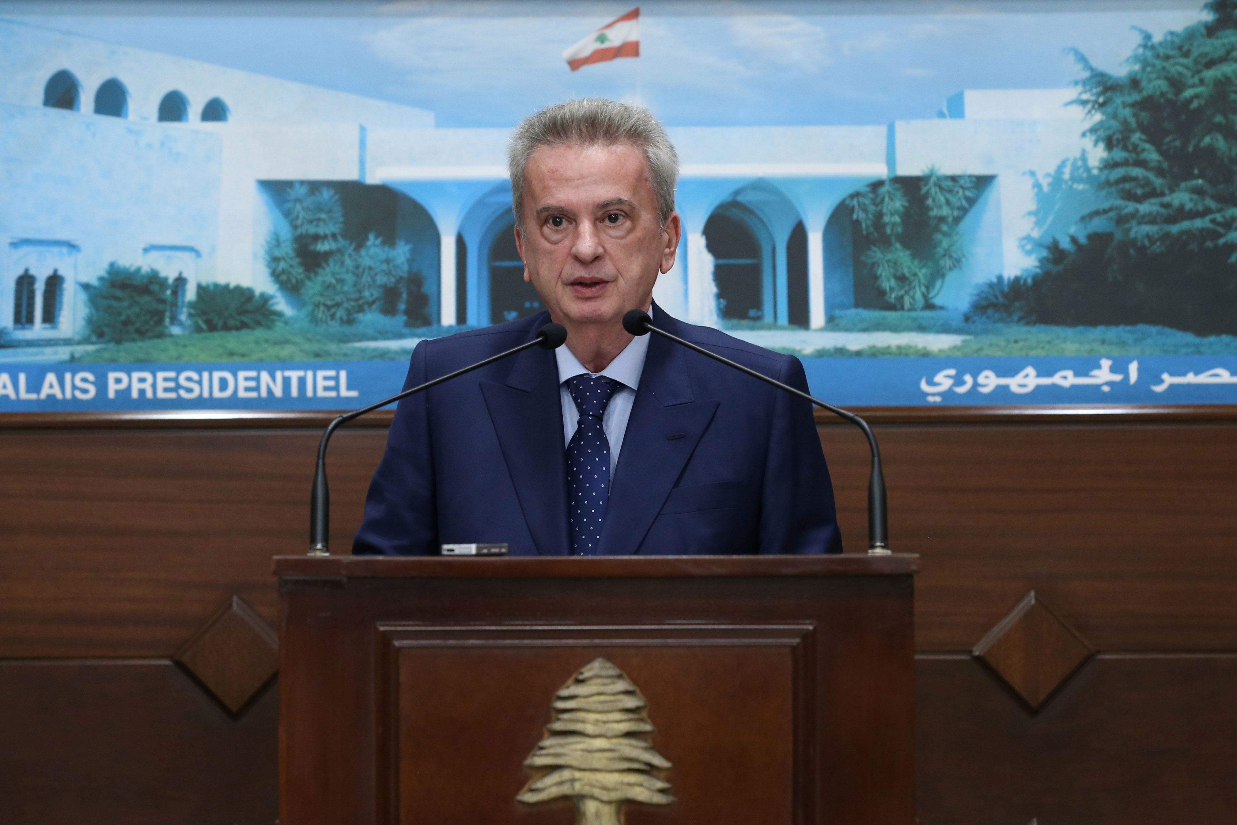 Lebanon's Central Bank Governor Riad Salameh speaks after meeting with President Michel Aoun at the presidential palace in Baabda