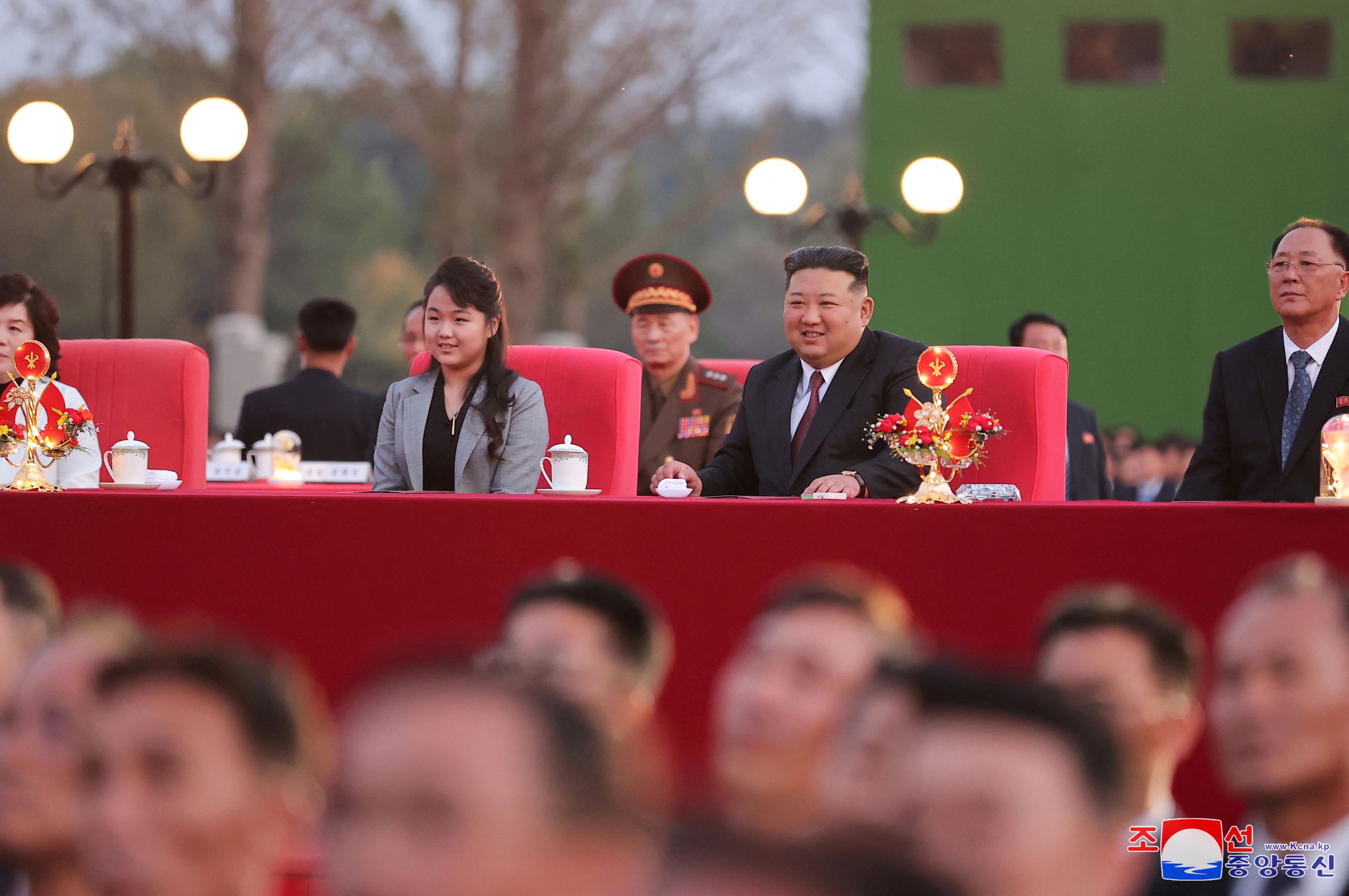 North Korean leader Kim Jong Un and his daughter Kim Ju Ae attend a celebration of the 79th anniversary of the founding of the Workers' Party of Korea in Pyongyang