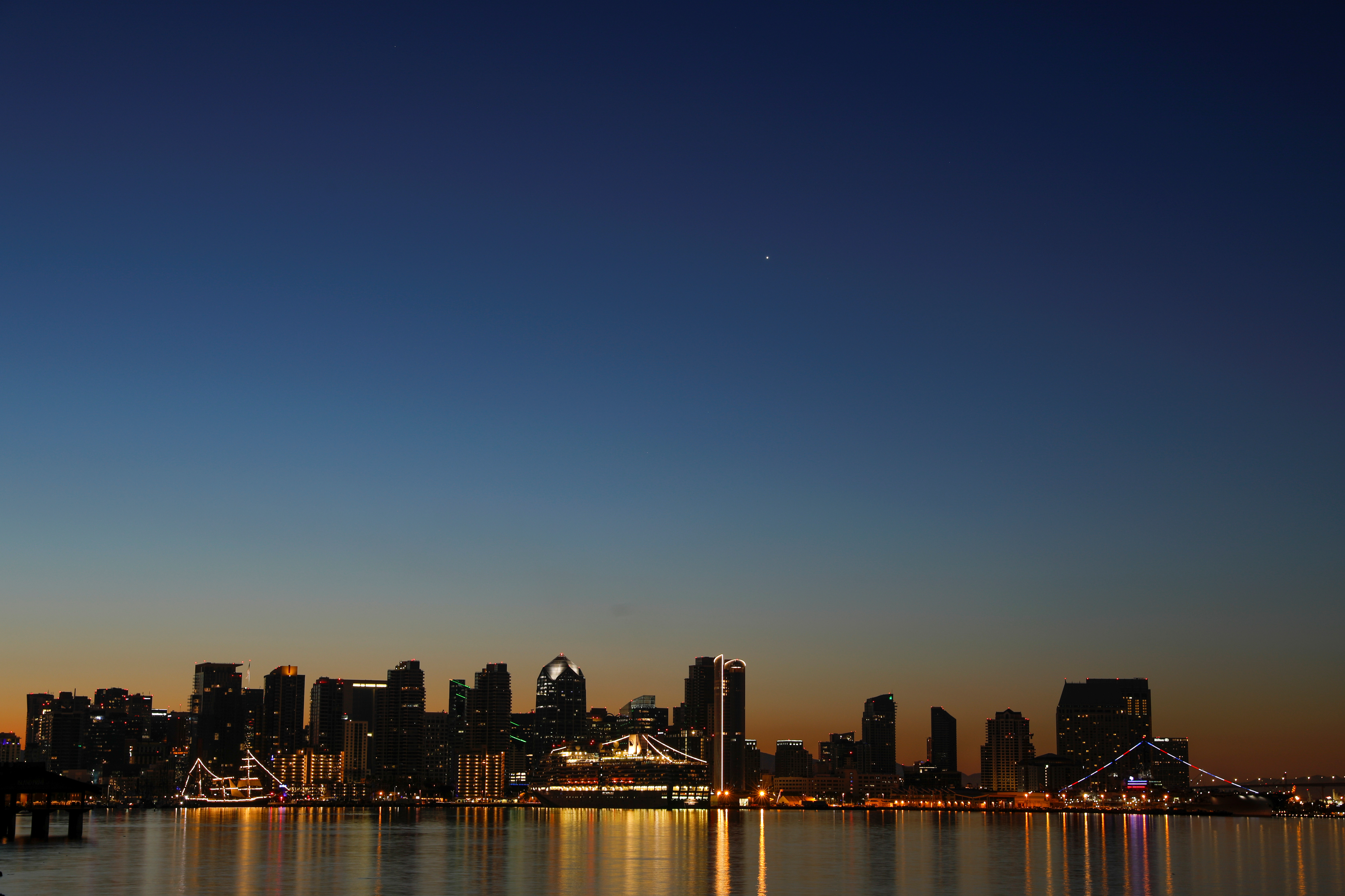 The skyline of San Diego, California, U.S.  is shown at sunrise