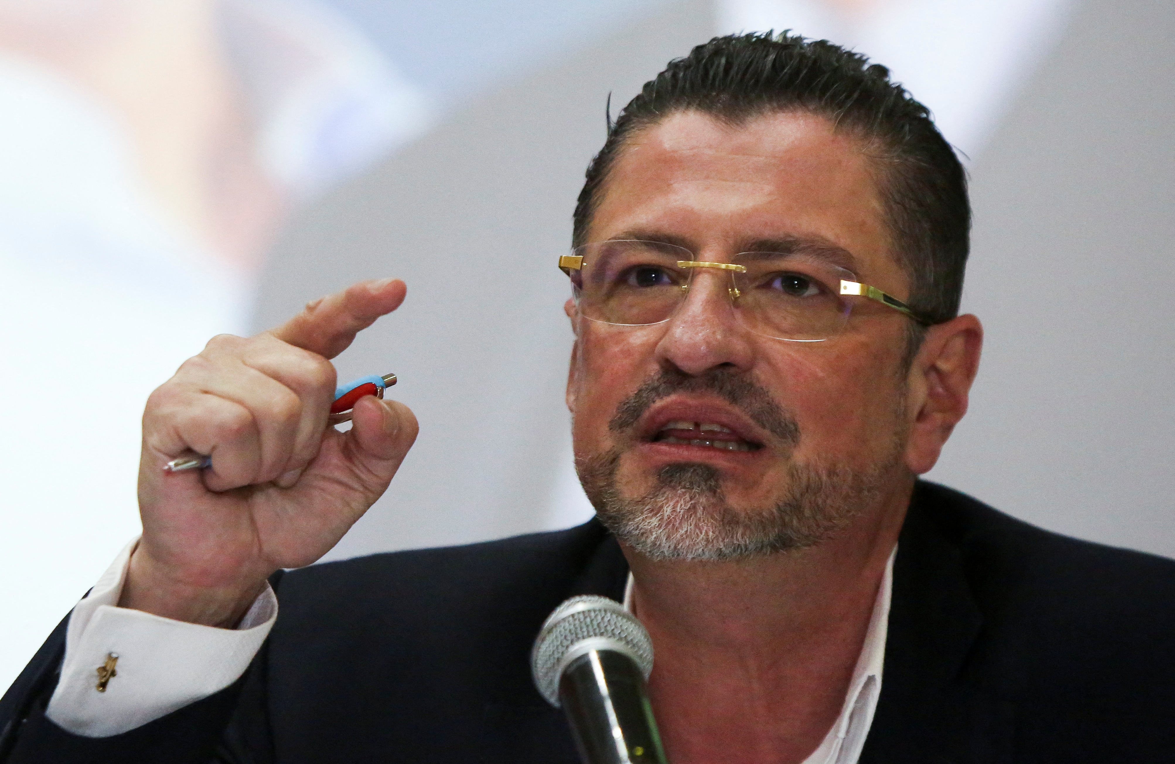 Rodrigo Chaves, presidential candidate of the Social Democratic Progress Party (PPSD), speaks to the media during a news conference in San Jose