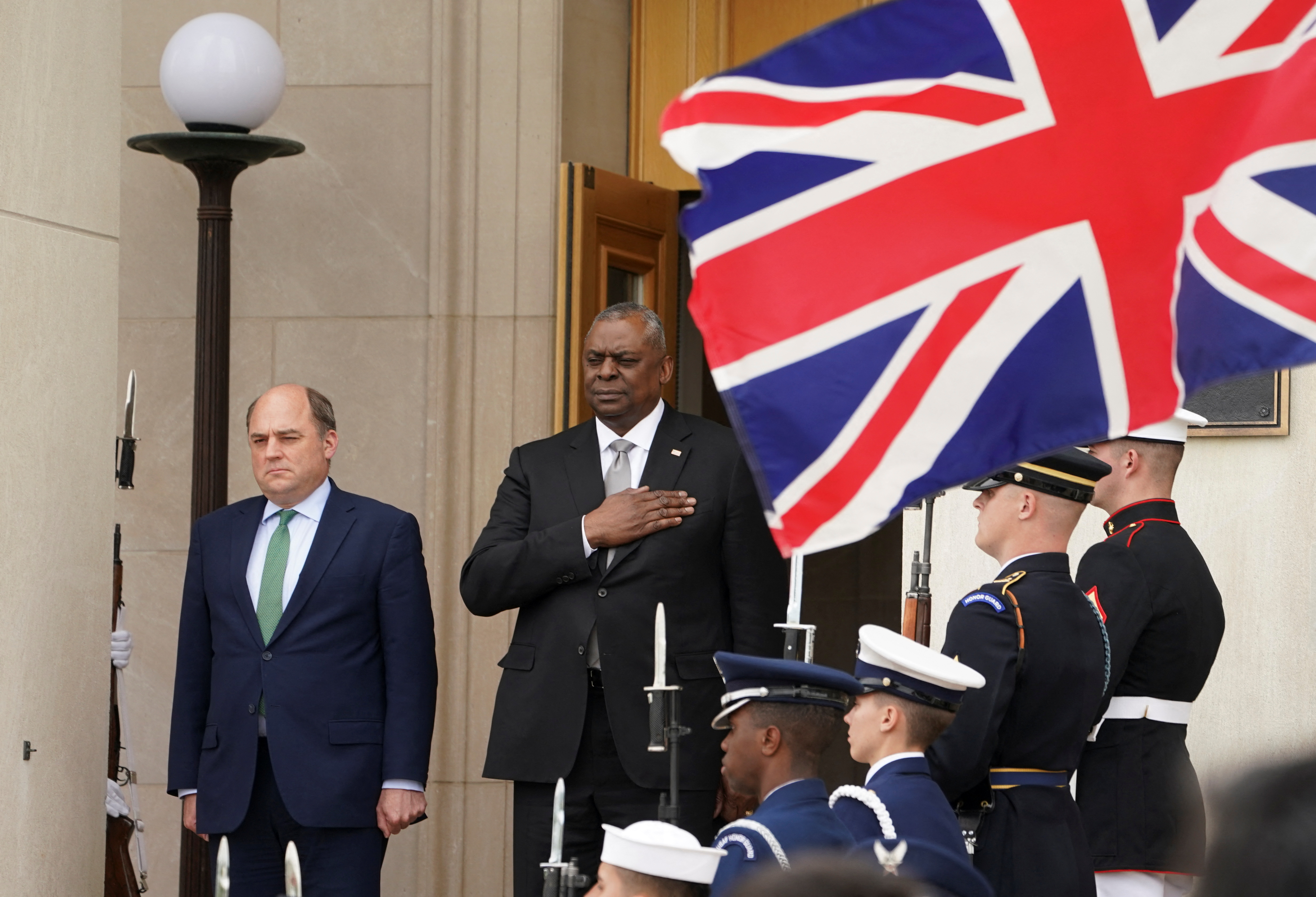 U.S. Defense Secretary Lloyd Austin welcomes  British Defense Secretary Ben Wallace at the Pentagon in Washington