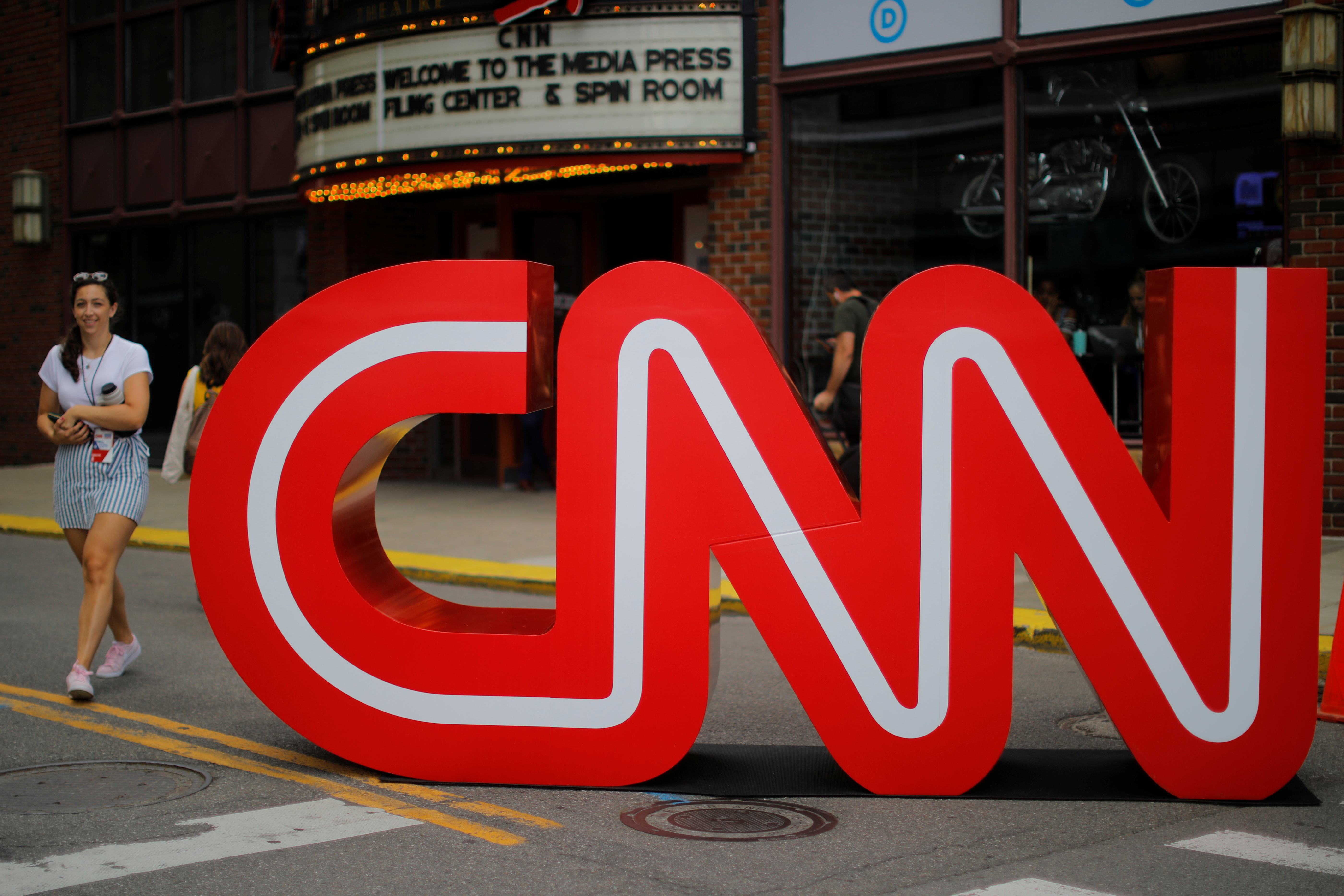 The CNN logo stands outside the venue of the second Democratic 2020 U.S. presidential candidates debate, in the Fox Theater in Detroit, Michigan, U.S., July 30, 2019.    REUTERS/Brian Snyder/Files