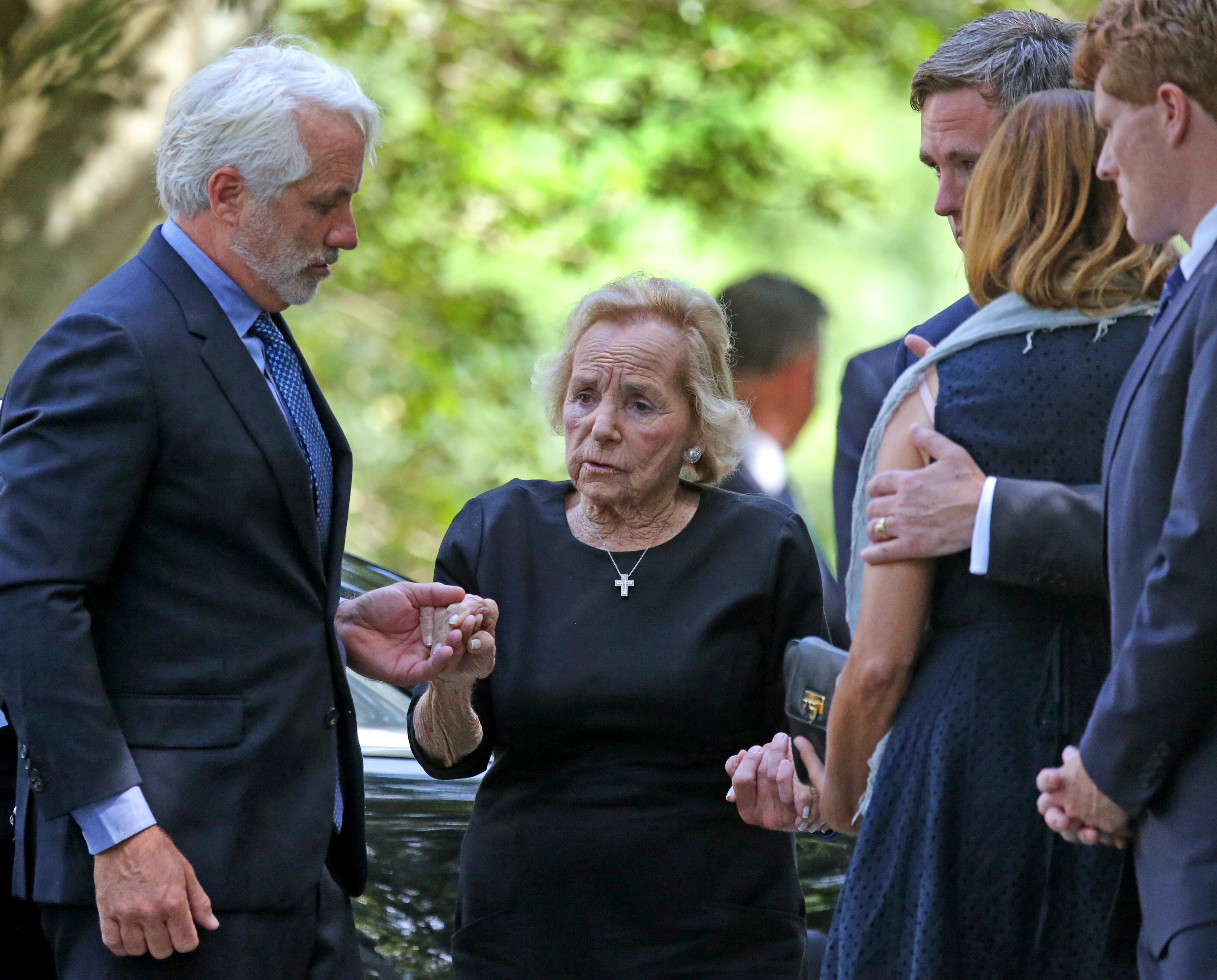 Ethel Kennedy is helped to the church at the funeral mass for Saoirse Kennedy Hill granddaughter of Robert F. Kennedy in Centerville