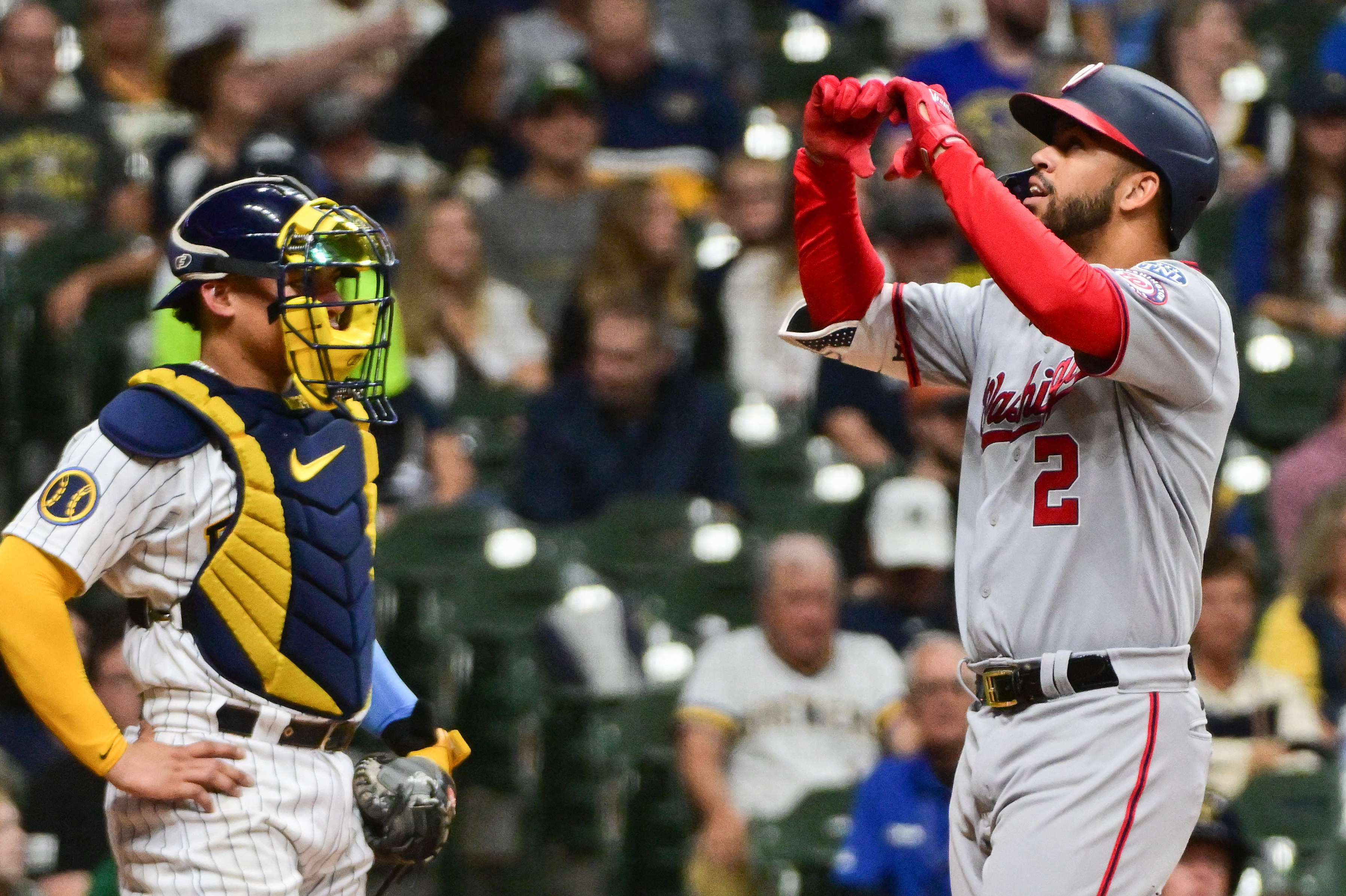 Milwaukee Brewers' Mark Canha hits a single during the sixth inning of a  baseball game against the Washington Nationals Sunday, Sept. 17, 2023, in  Milwaukee. (AP Photo/<orry Gash Stock Photo - Alamy