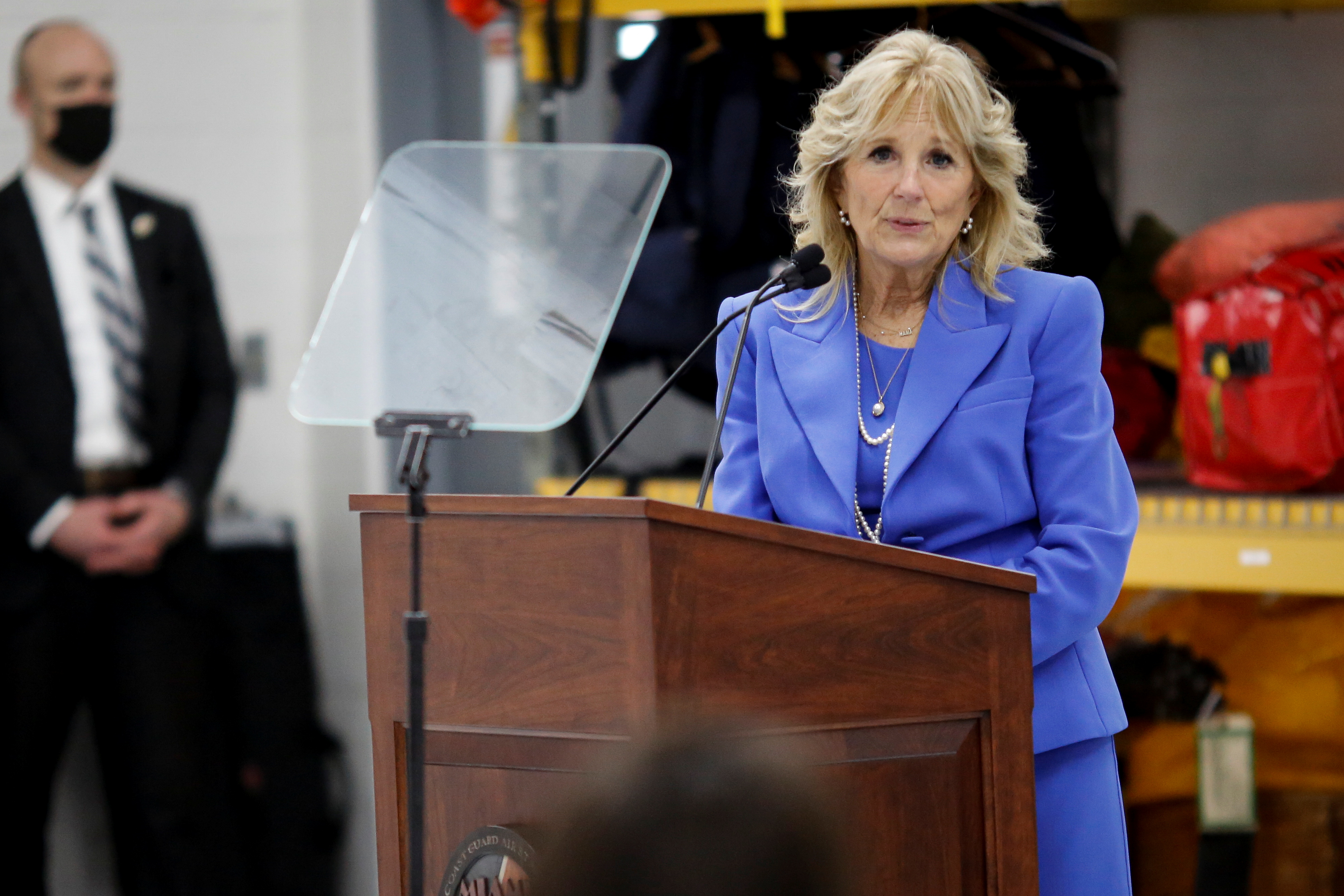U.S. First Lady Jill Biden participates in a closed discussion and book reading event with U.S. military families and Blue Star families in Opa-Locka