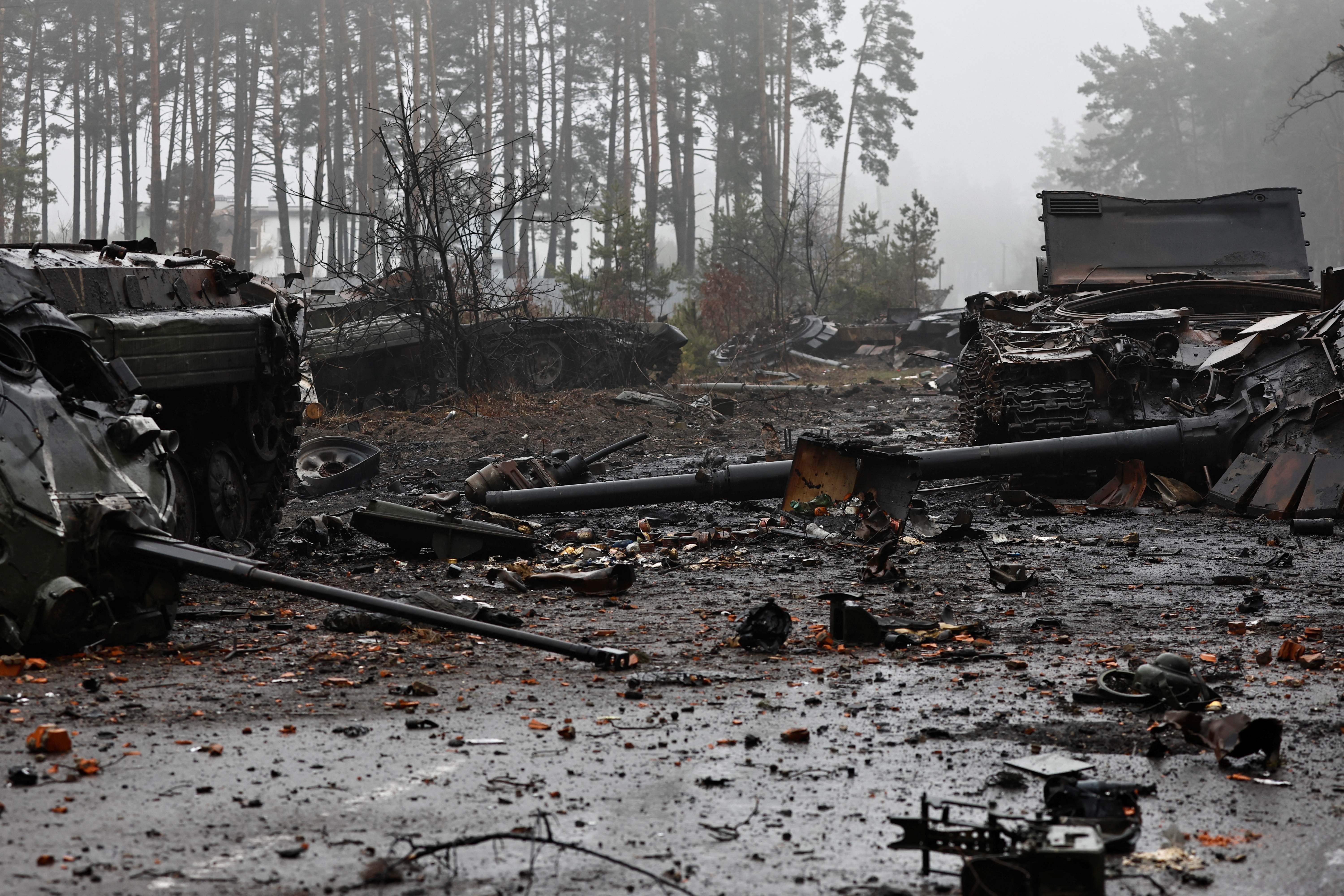 A general view of destroyed Russian tanks and vehicles, in Dmytrivka village