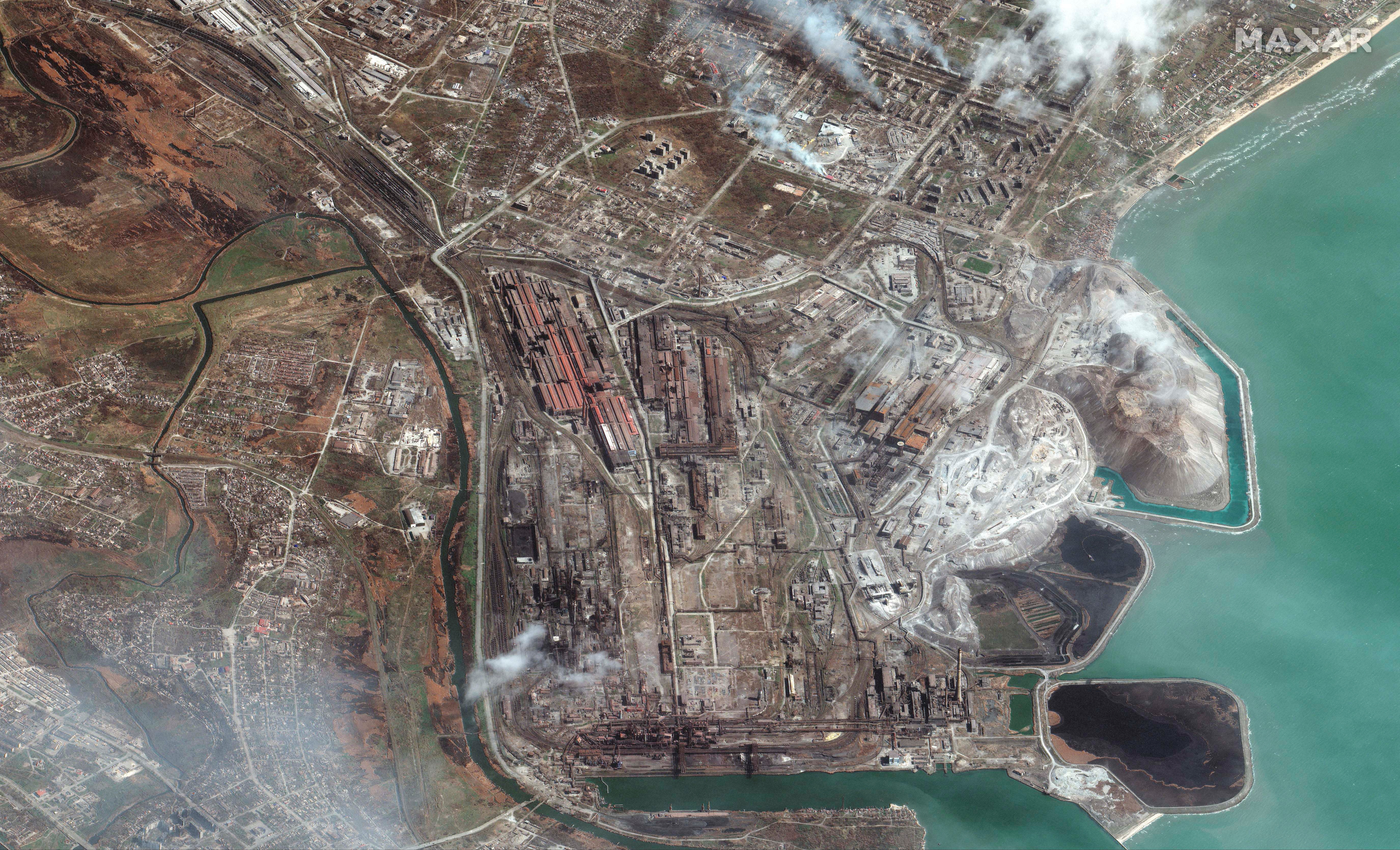 A satellite image shows an overview of Azovstal Iron and Steel Works in Mariupol