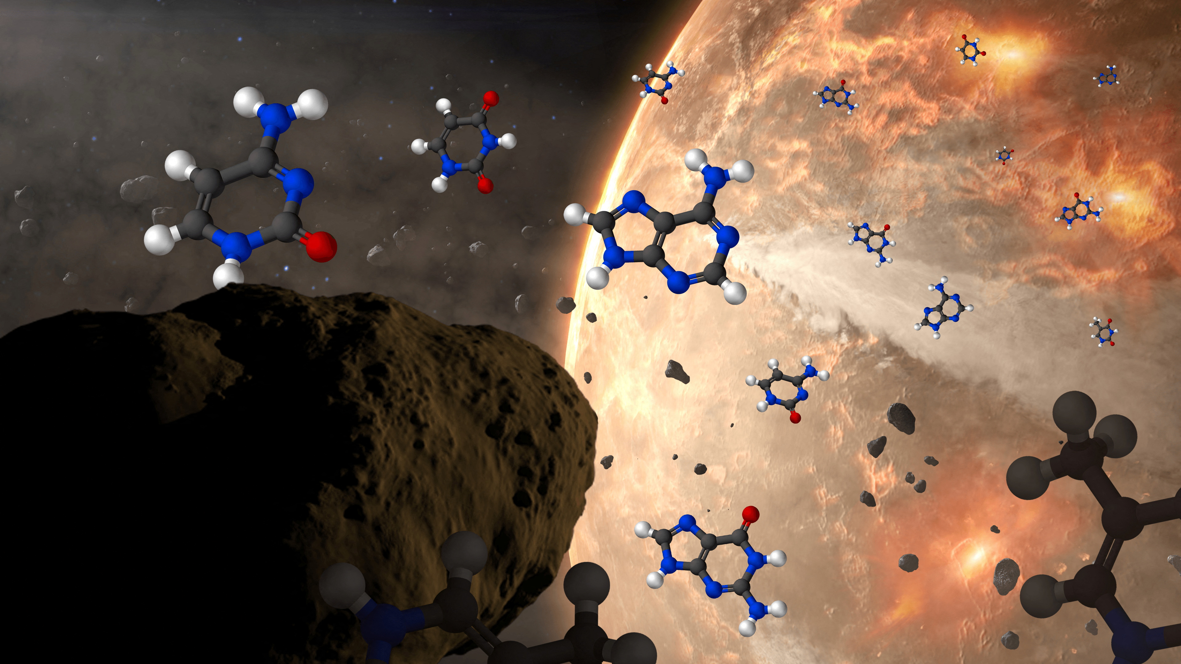 Conceptual image of meteoroids delivering nucleobases
