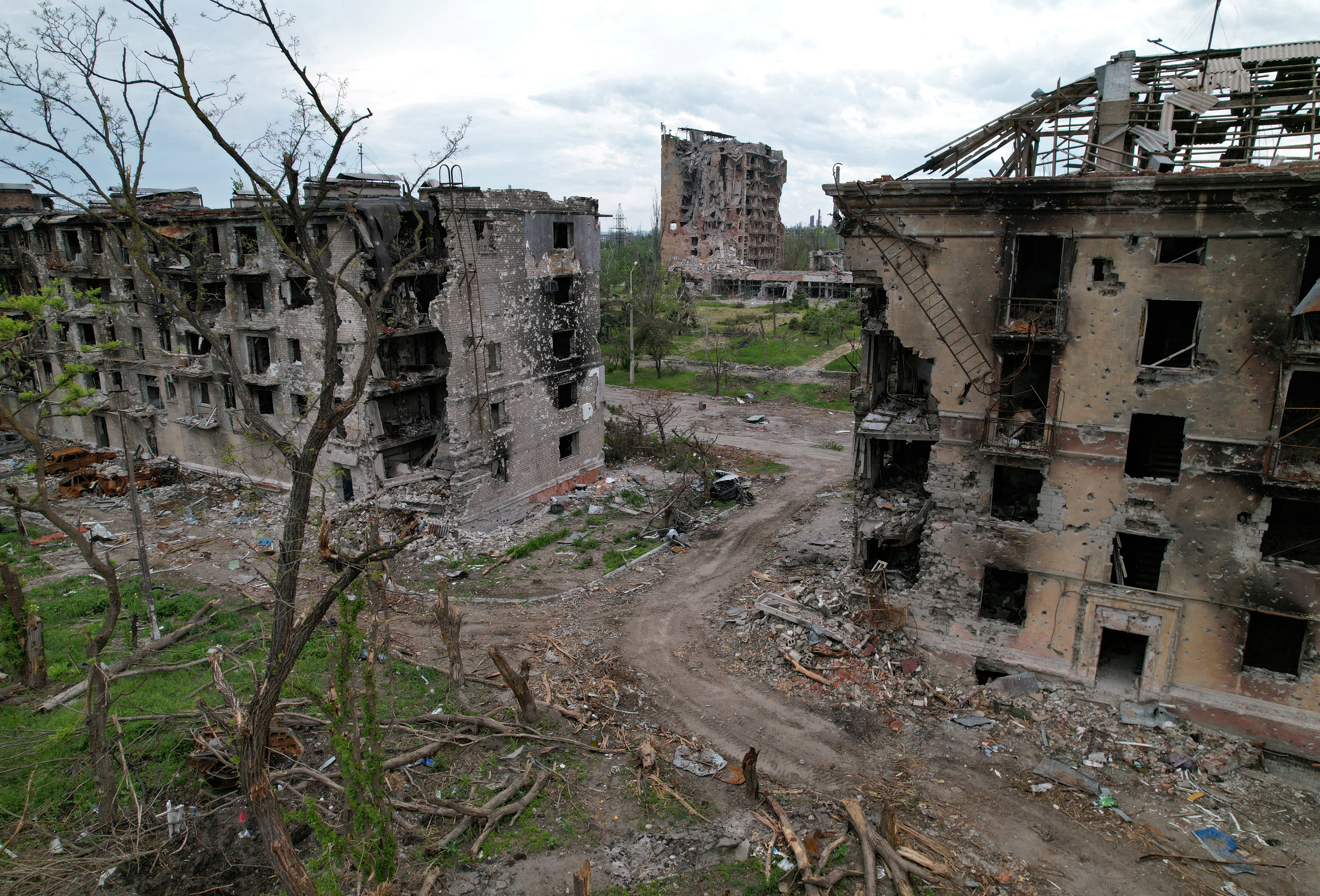 A view shows heavily damaged residential buildings in Mariupol