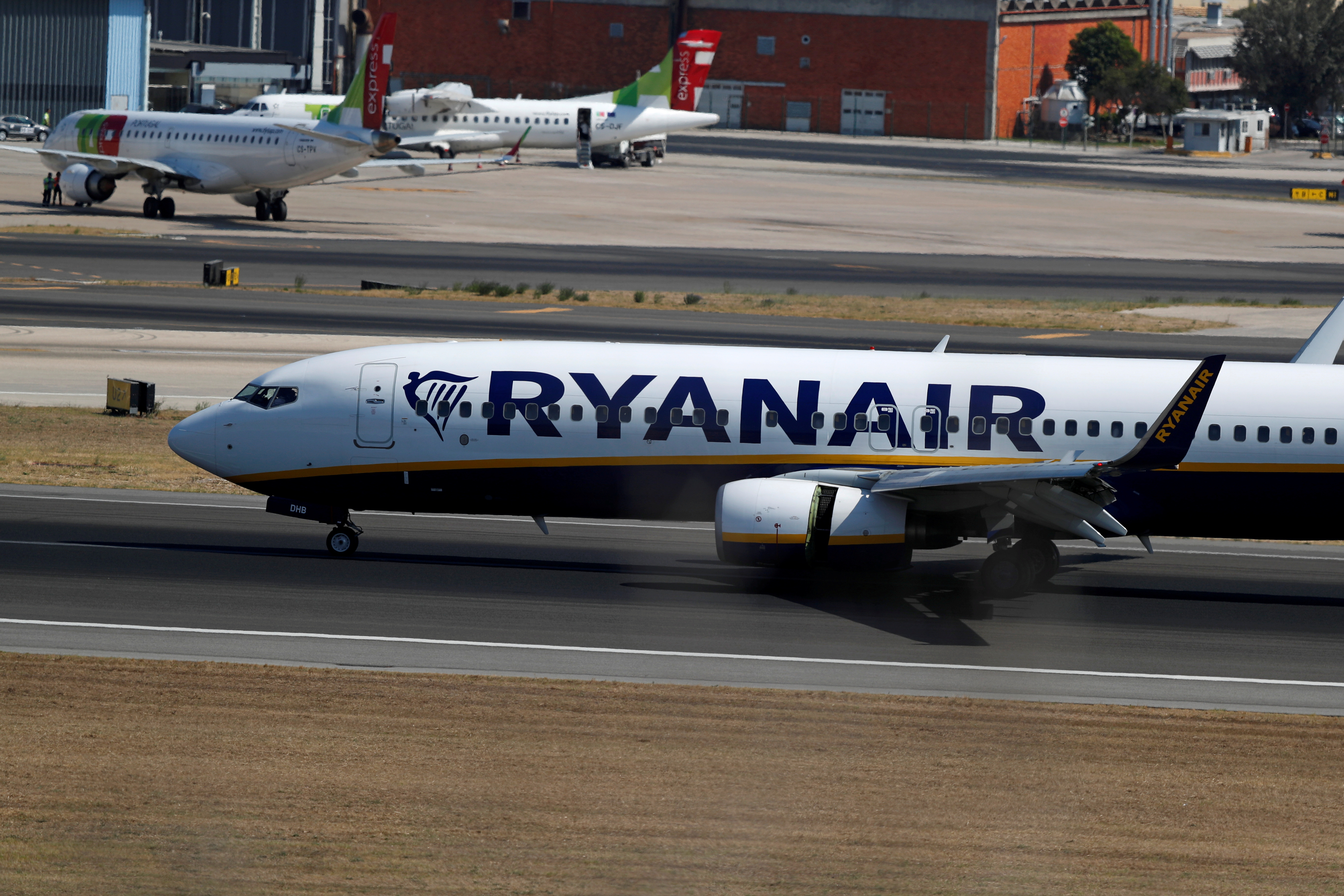 A Ryanair plane taxis at Lisbon's airport