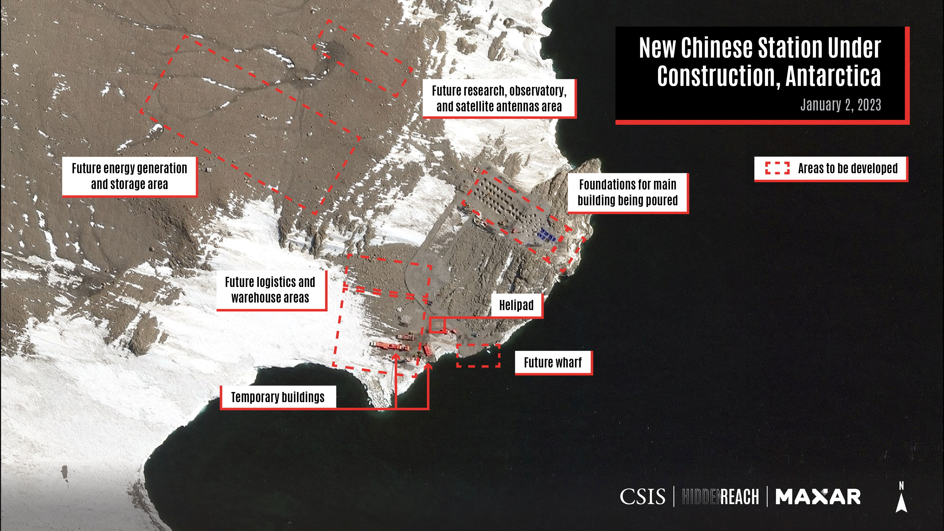 A satellite view with overlays shows areas to be developed at the new Chinese station under construction, on Inexpressible Island