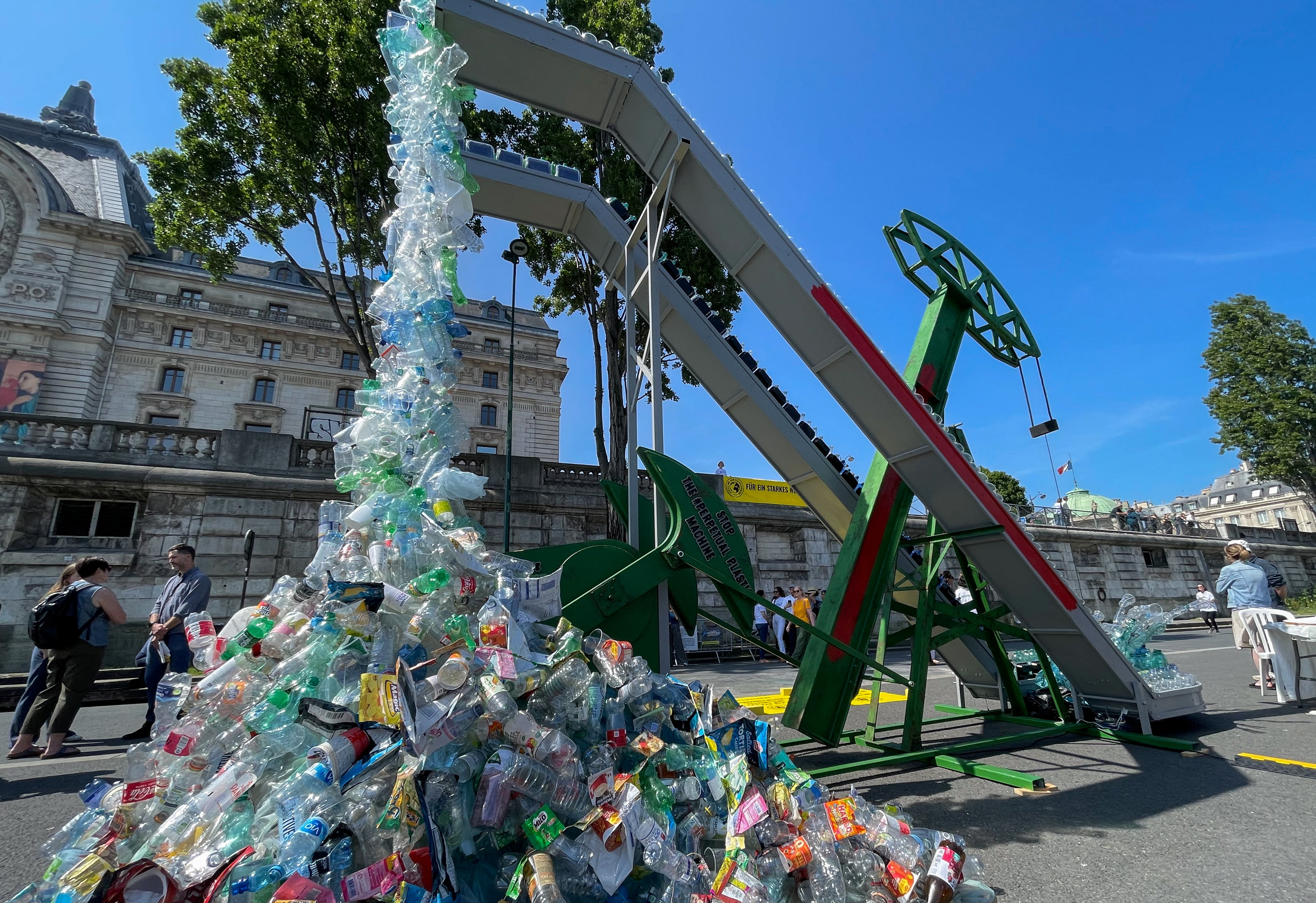 Greenpeace International unveils an art installation by artist Benjamin Von Wong, ahead of a United Nations Environment Programme summit on reducing plastic pollution, in Paris