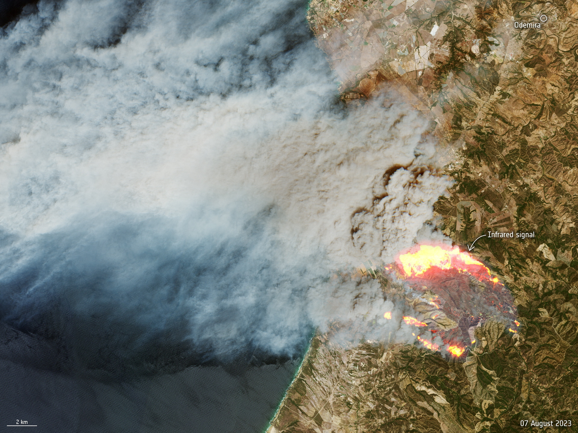 A satellite image, captured by the Copernicus Sentinel-2 satellite mission, shows a wildfire, in Portugal