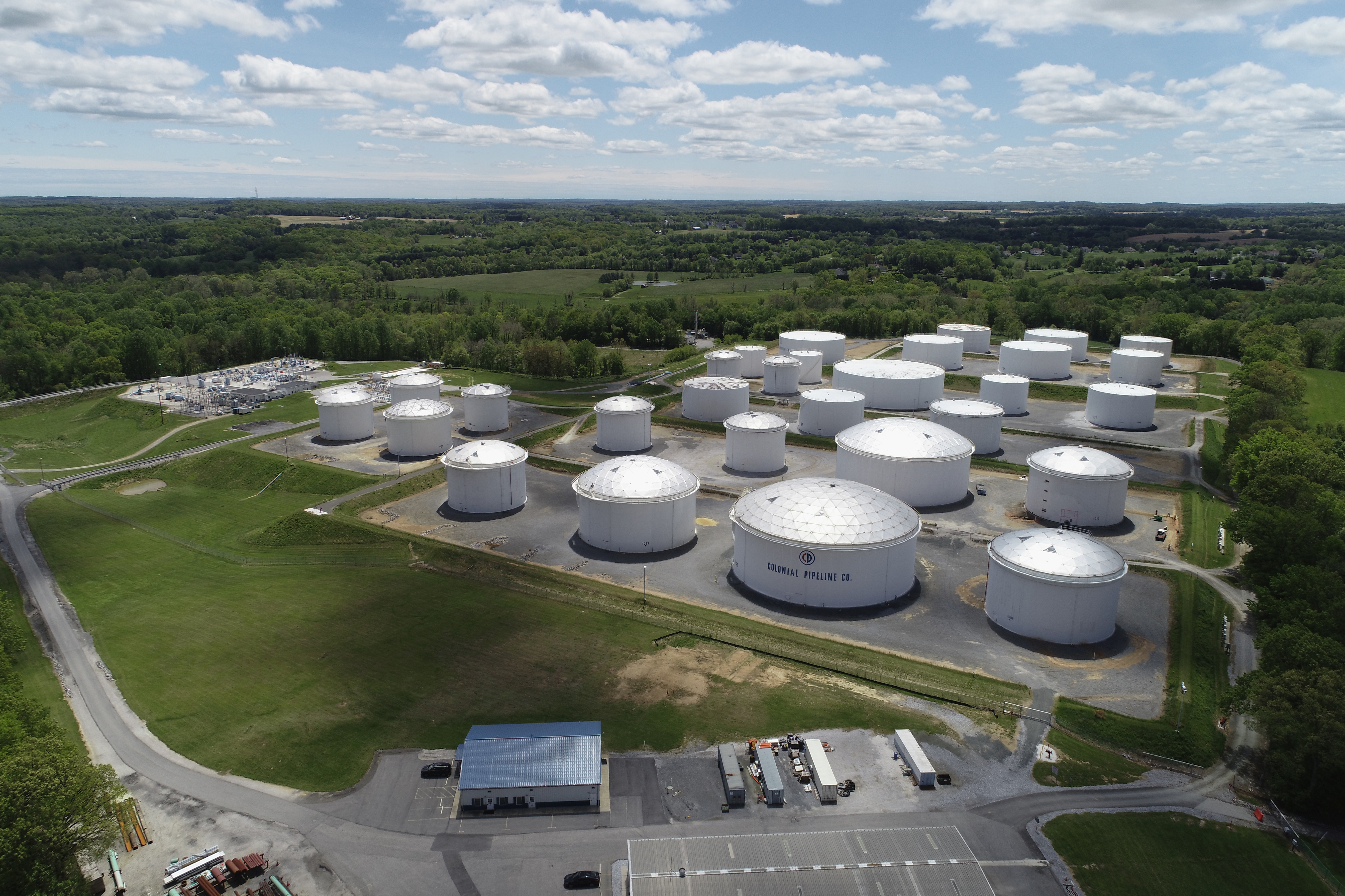 Holding tanks are seen in an aerial photograph at Colonial Pipeline's Dorsey Junction Station