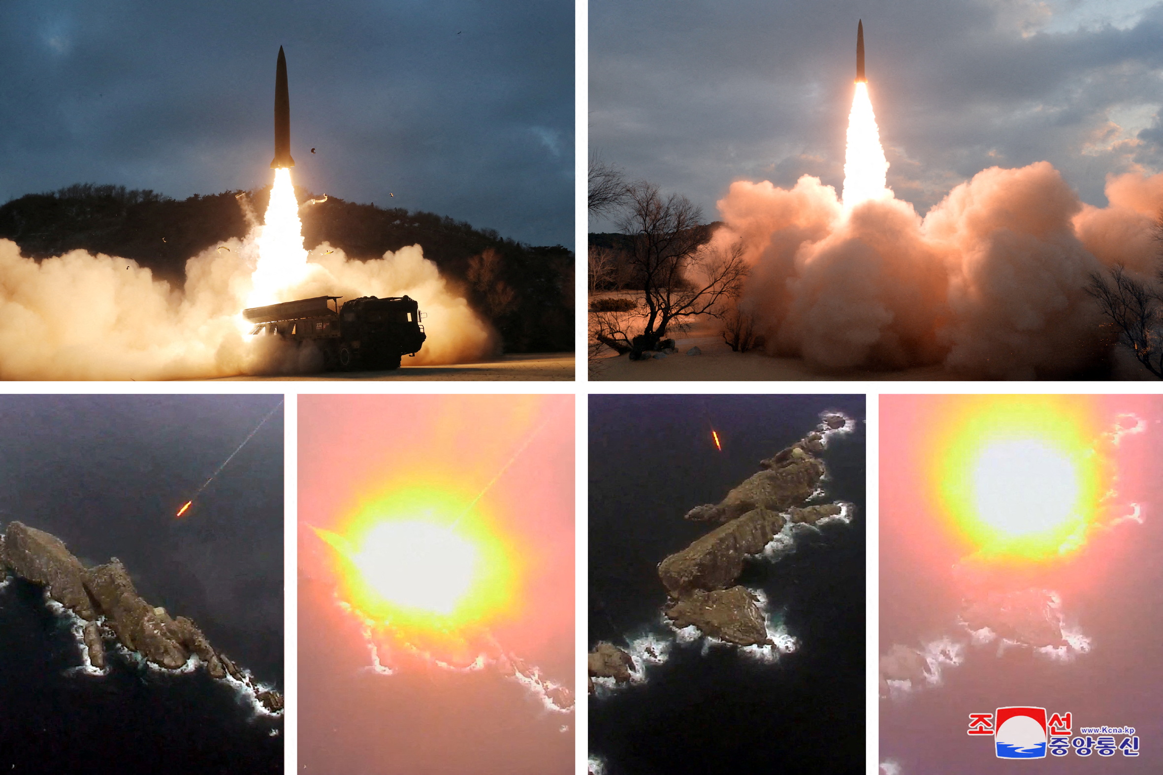 A combination image shows a missile test that state media KCNA says was conducted this week at undisclosed locations in North Korea