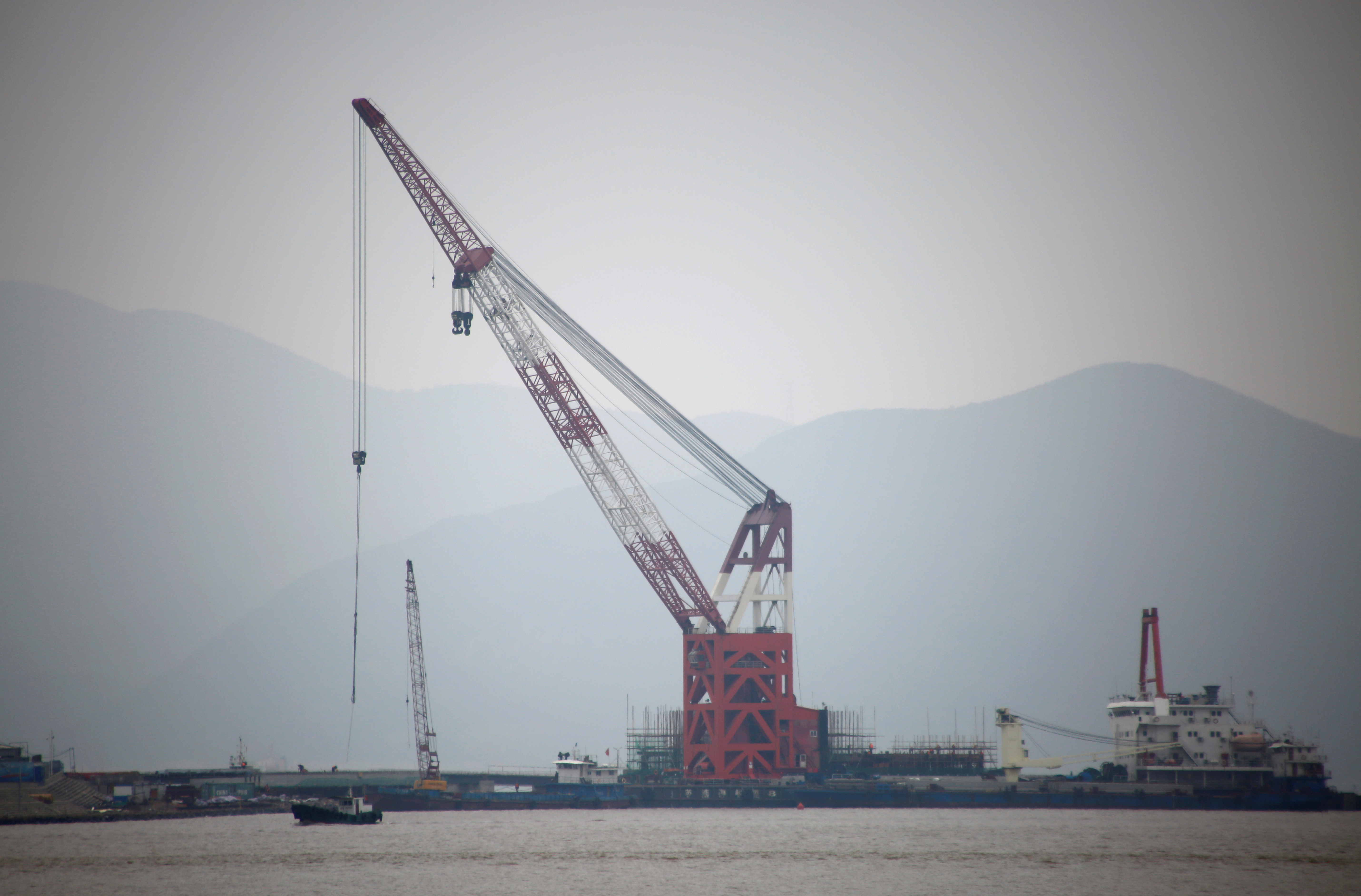Crude oil terminal under construction is pictured off Ningbo Zhoushan port in Zhejiang