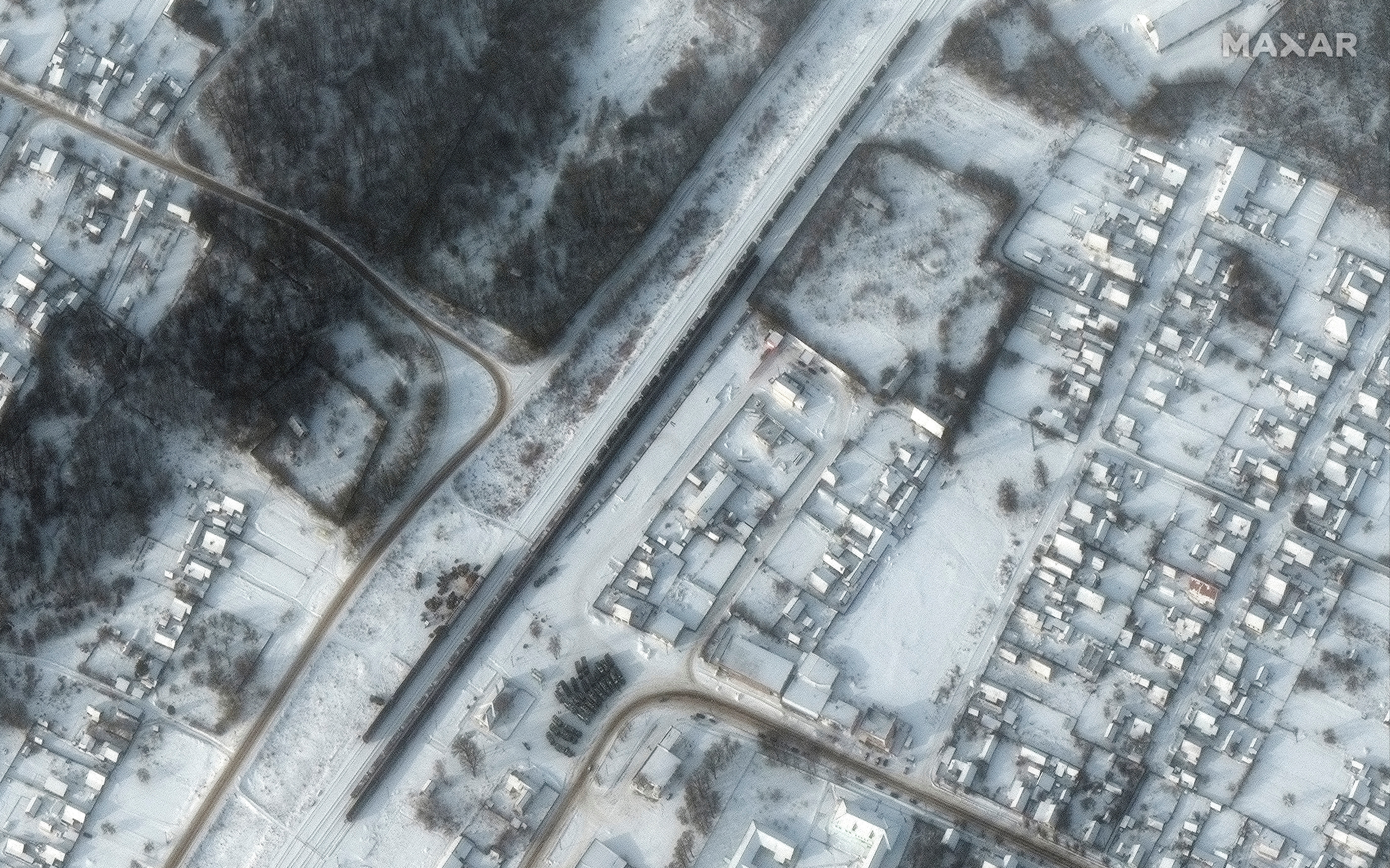 A satellite image shows equipment deployed at Klimovo Railyard in Klimovo