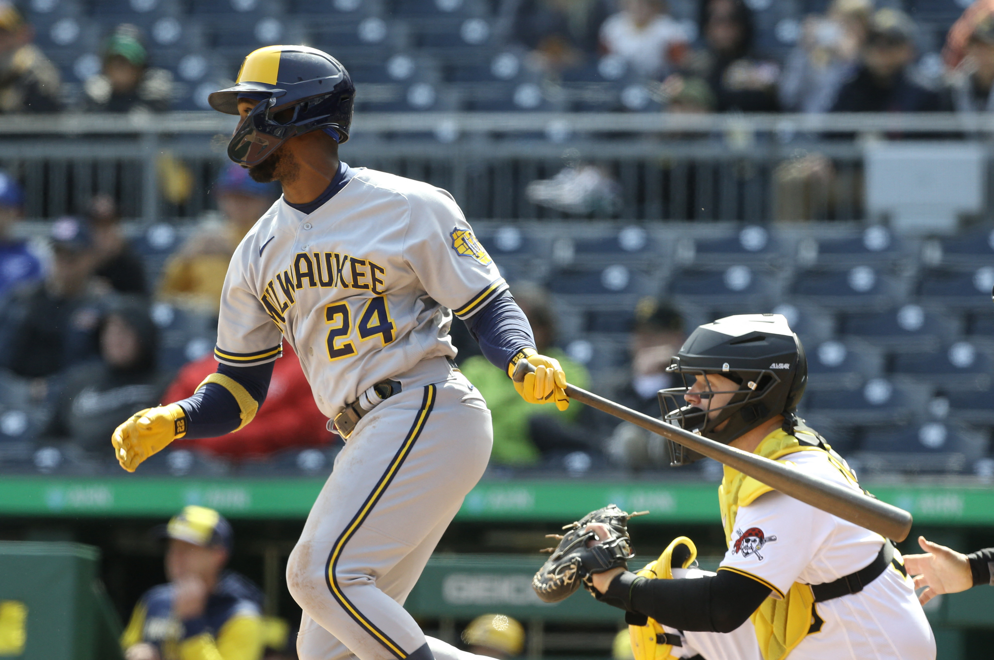 Brewers DH Andrew McCutchen bats against his former team, the Pittsburgh Pirates