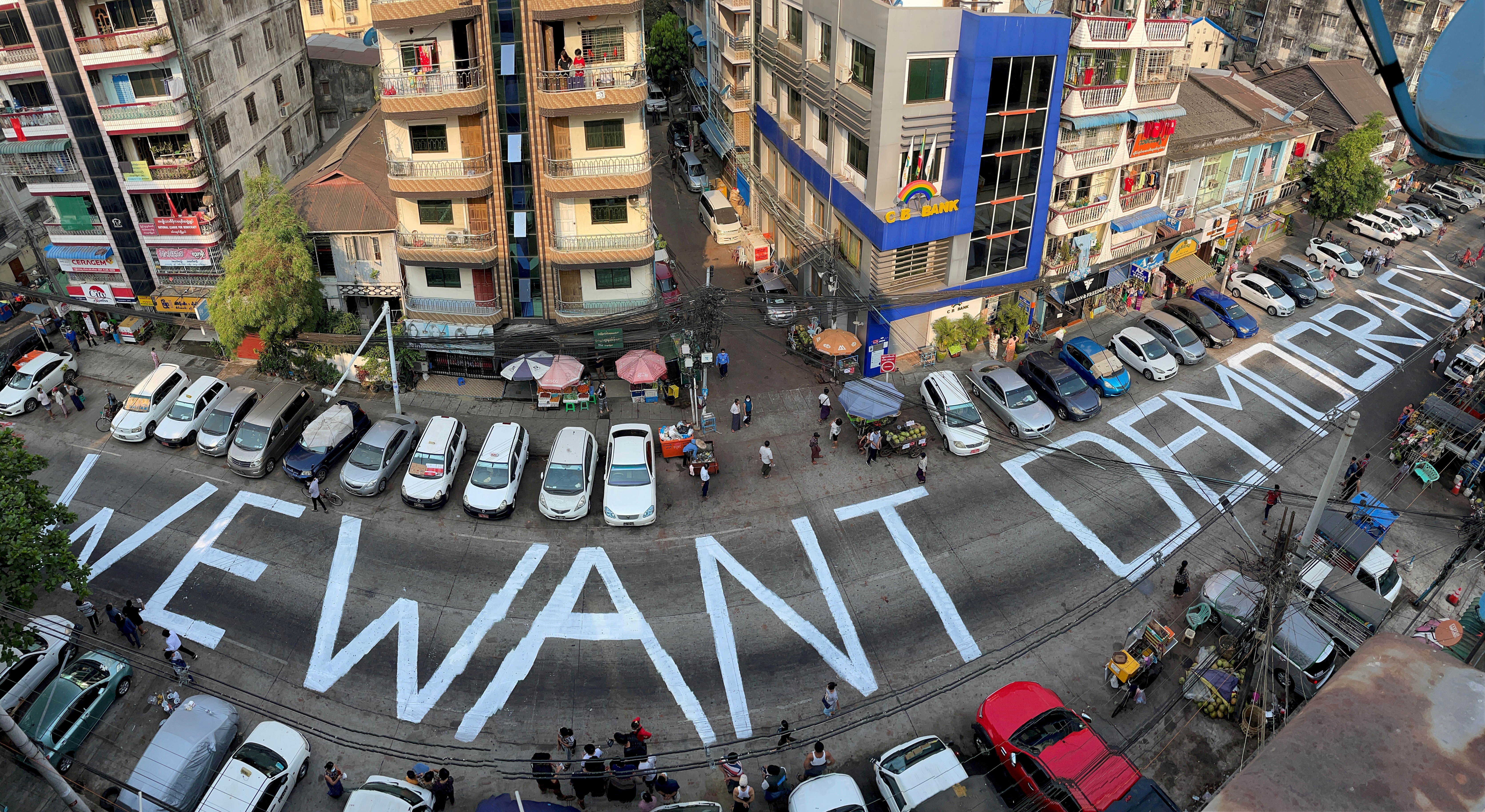 A slogan is written on a street as a protest after the coup in Yangon