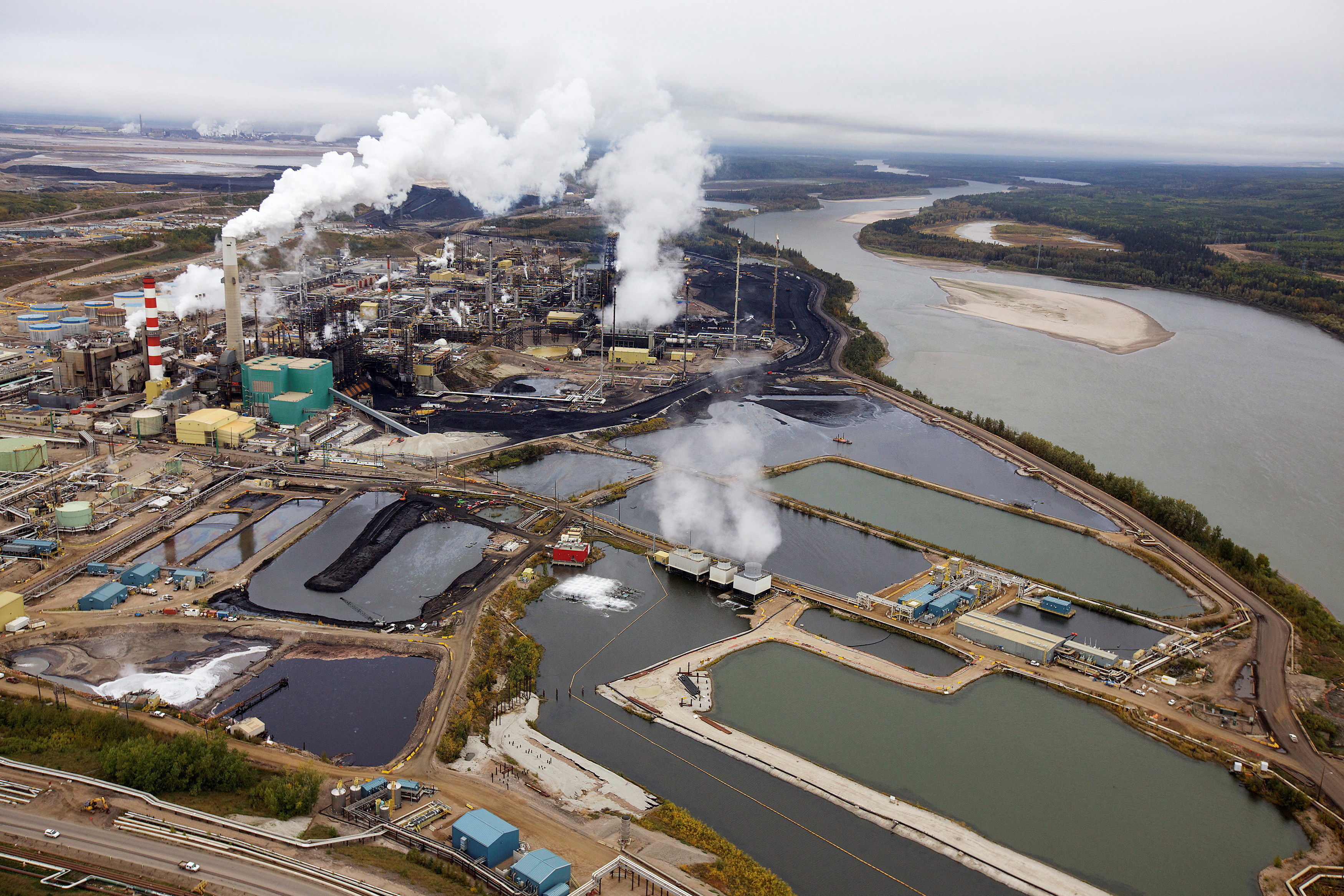 The Suncor tar sands processing plant near the Athabasca River at their mining operations near Fort McMurray.