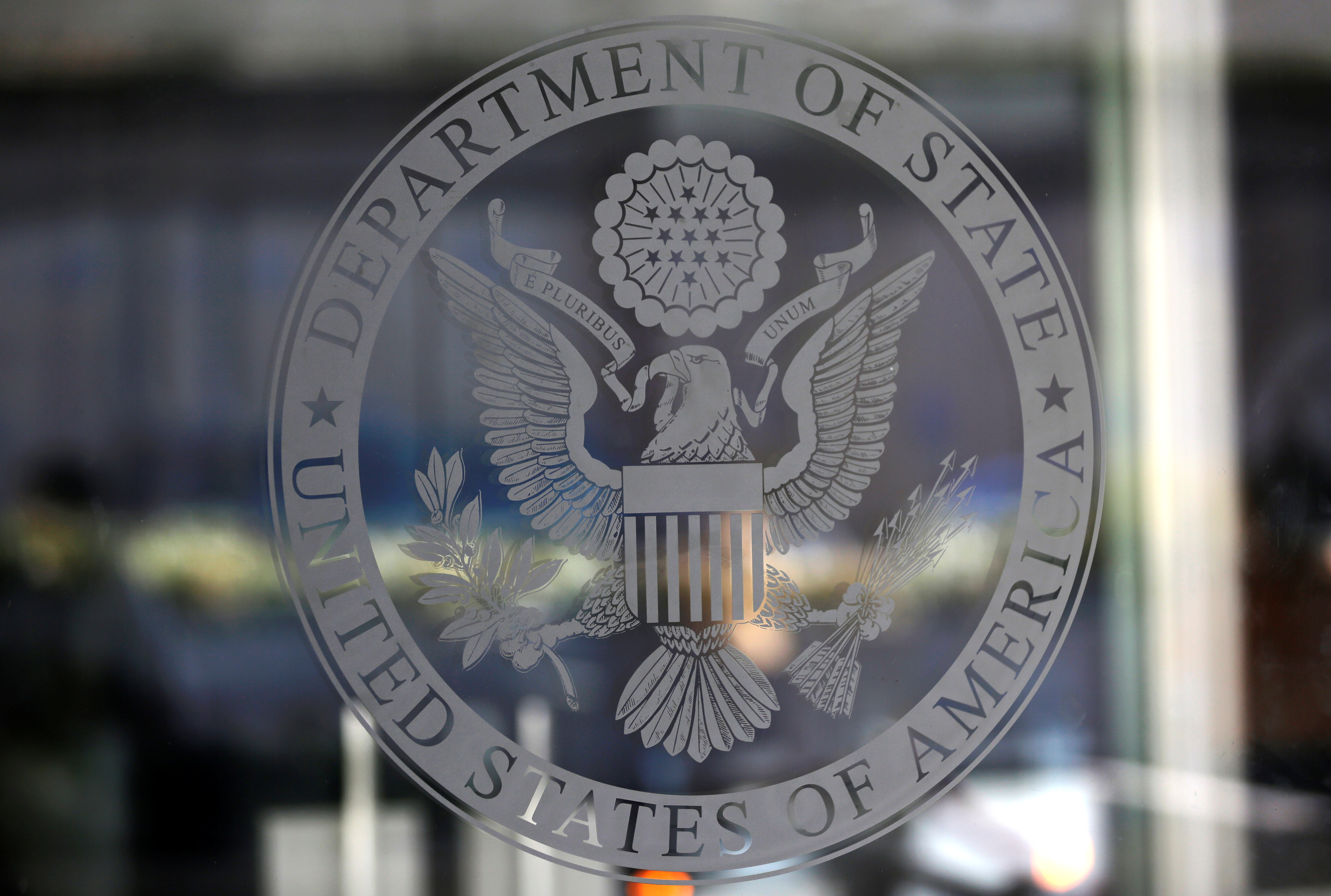 The seal of the United States Department of State is seen in Washington