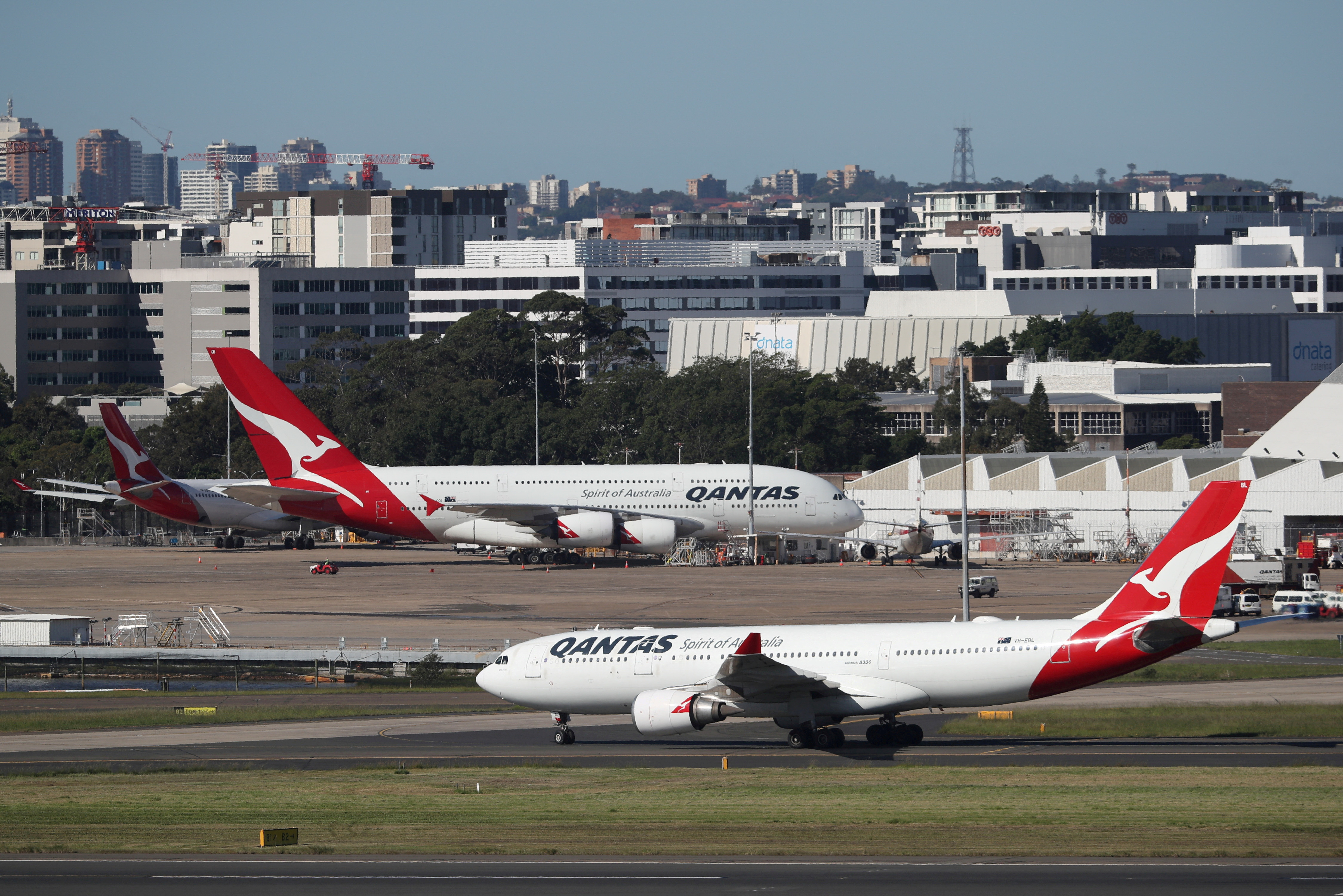 Qantas planes are seen at Kingsford Smith International Airport in Sydney
