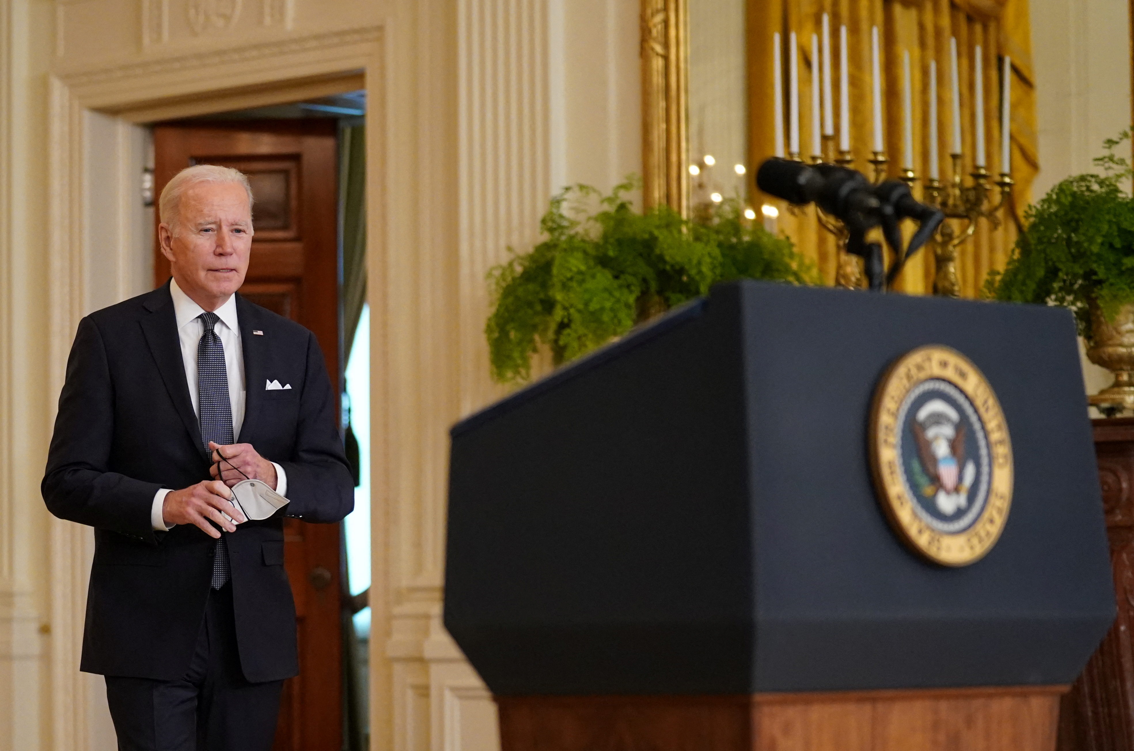 U.S. President Biden arrives to speak about situation in Russia and Ukraine, in Washington