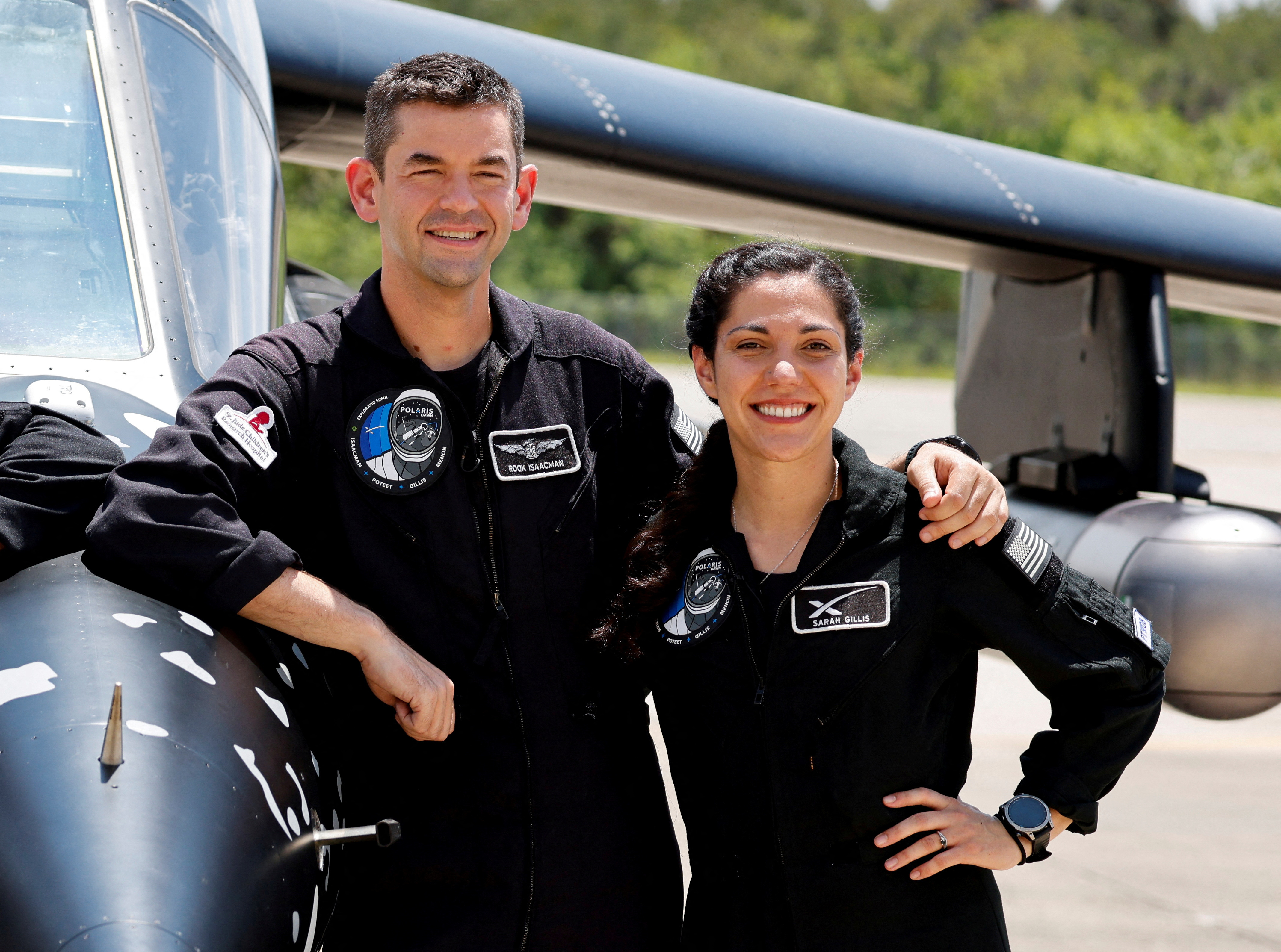 Crew members of Polaris Dawn attend a press conference at the Kennedy Space Center in Cape Canaveral