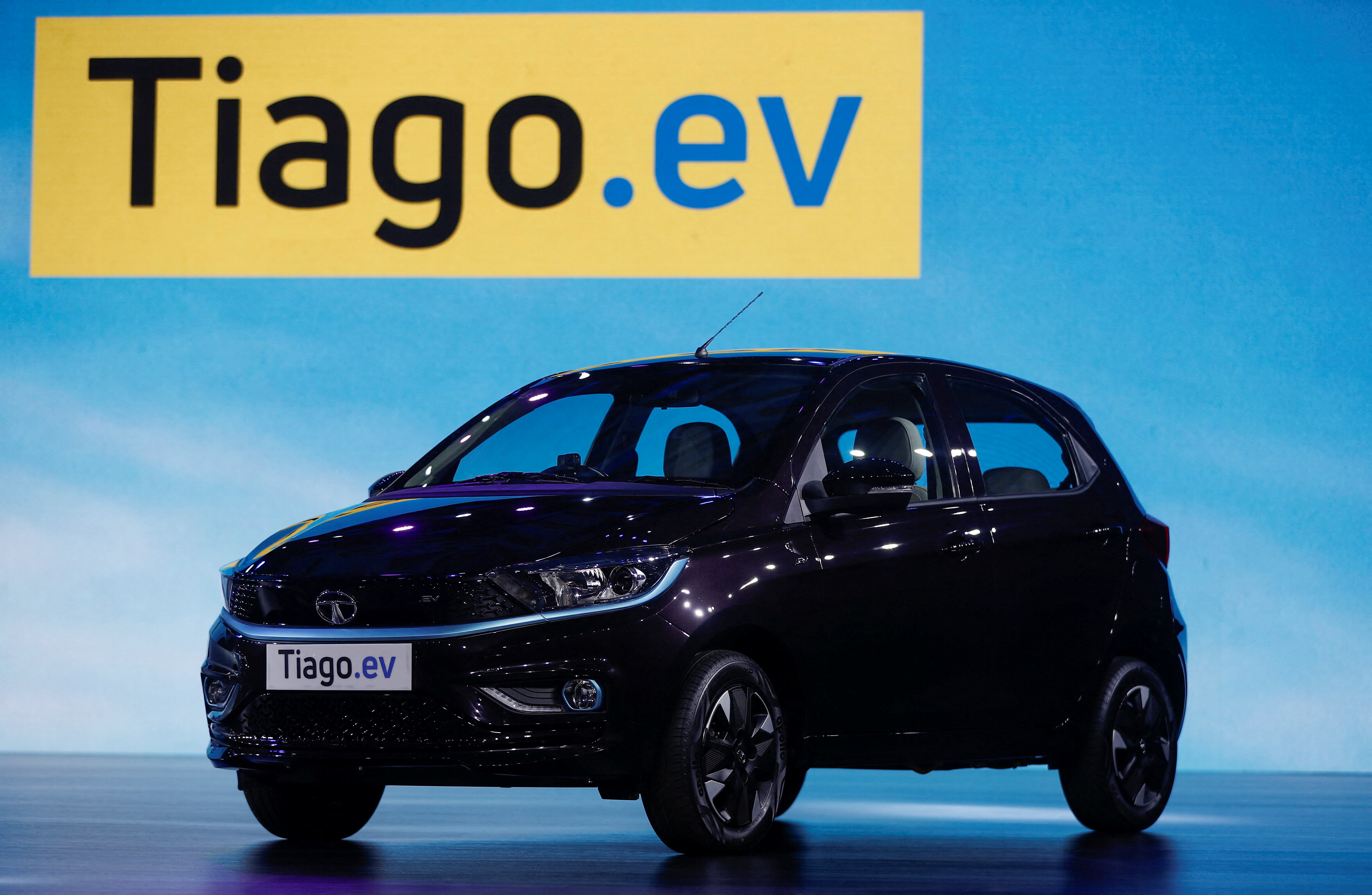 Tata Tiago EV electric hatchback unveiled during a global launch event in Mumbai