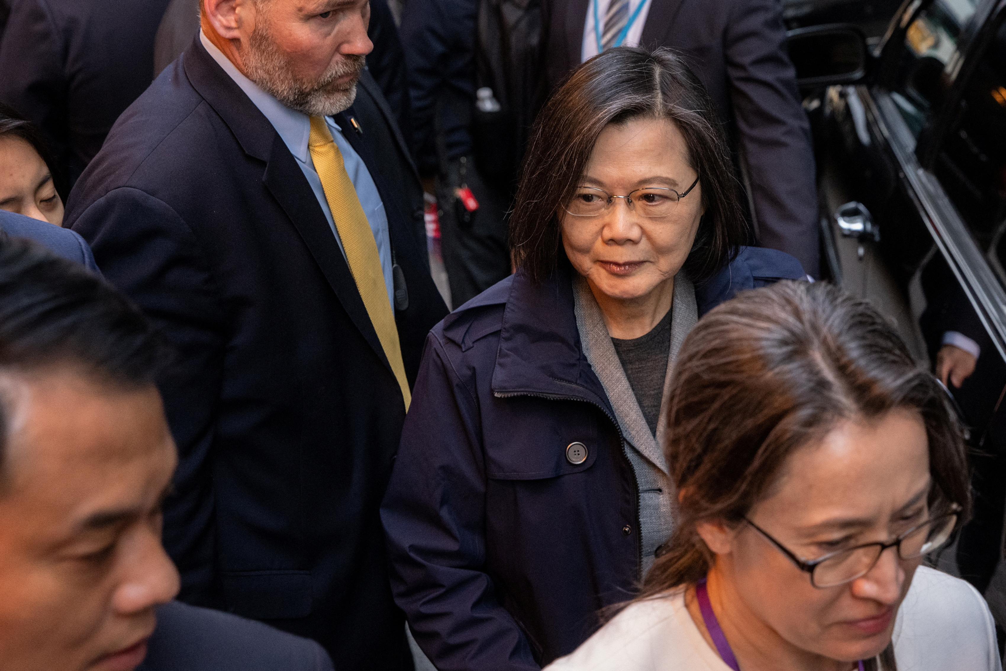Taiwan's President Tsai Ing-wen departs at the Lotte Hotel in Manhattan in New York City