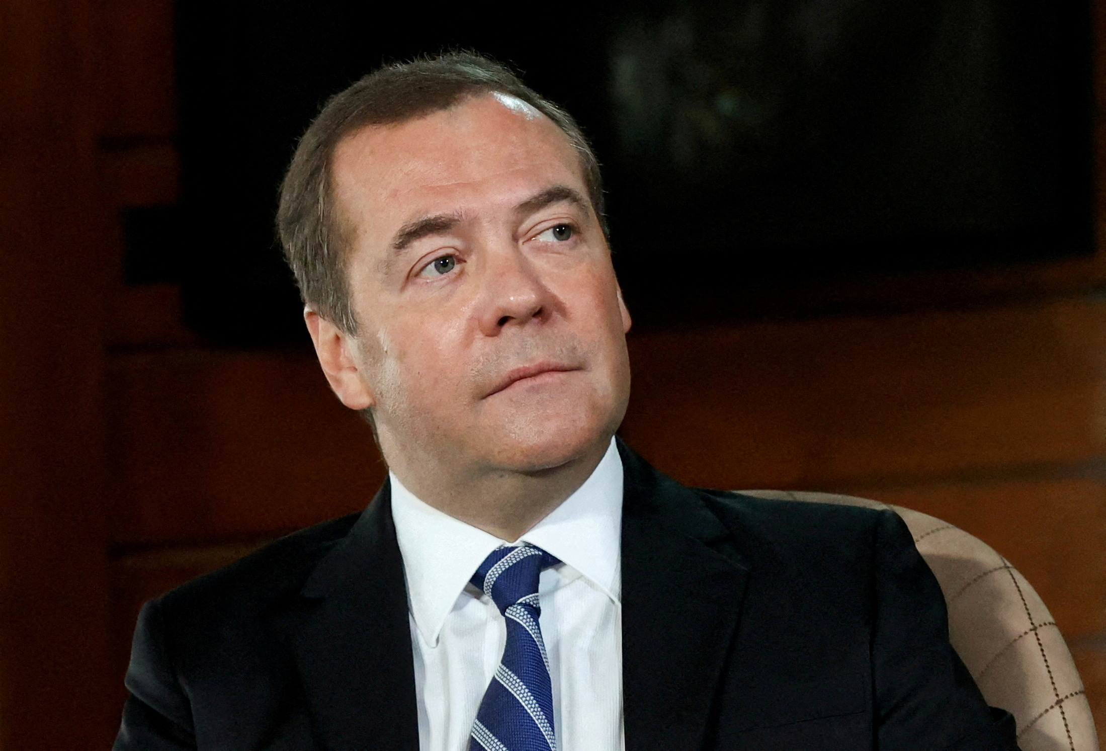Deputy Chairman of Russia's Security Council Medvedev gives an interview outside Moscow