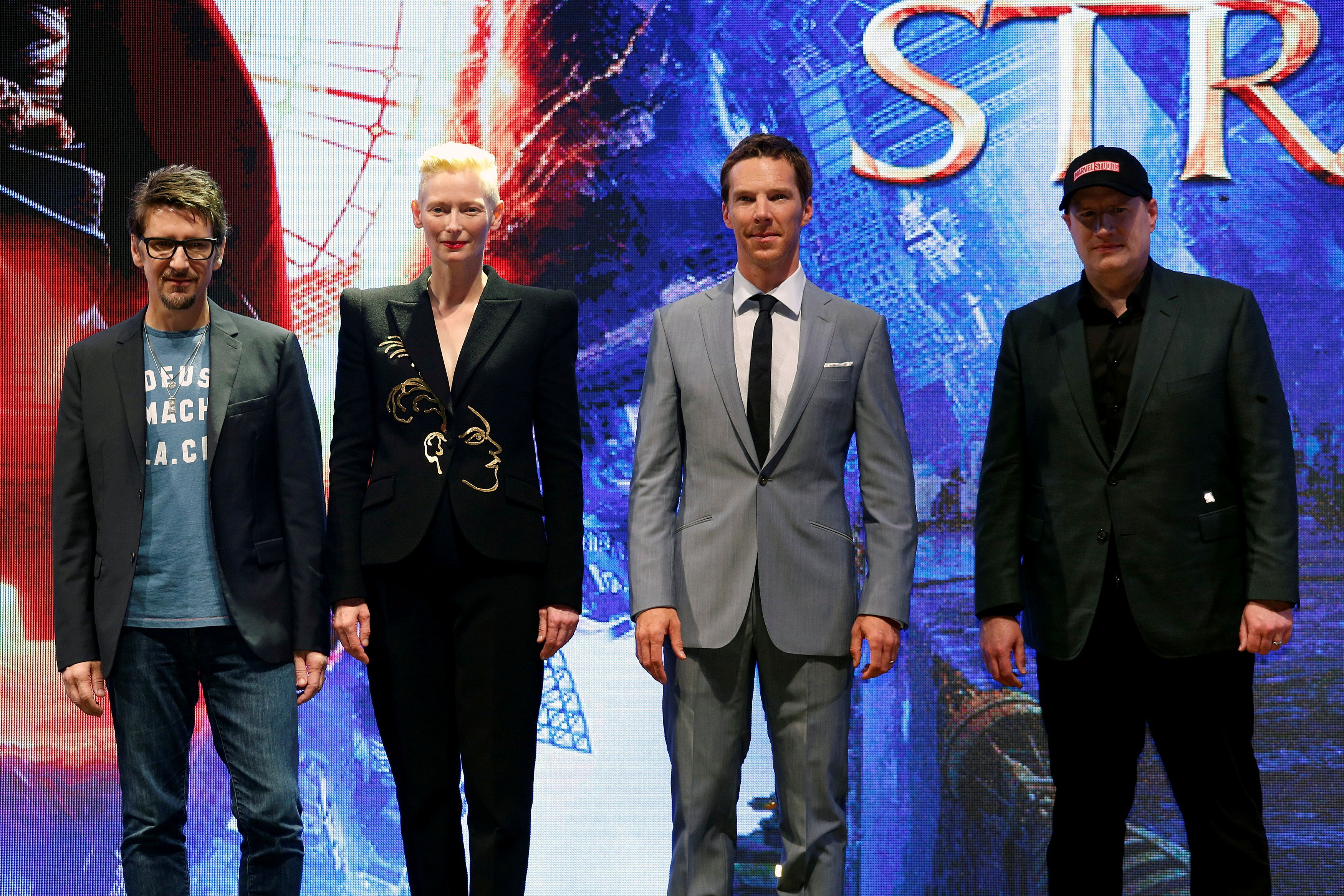 Director Derrickson, actors Swinton, Cumberbatch and Marvel Studio President Feige attend a promotion of film 