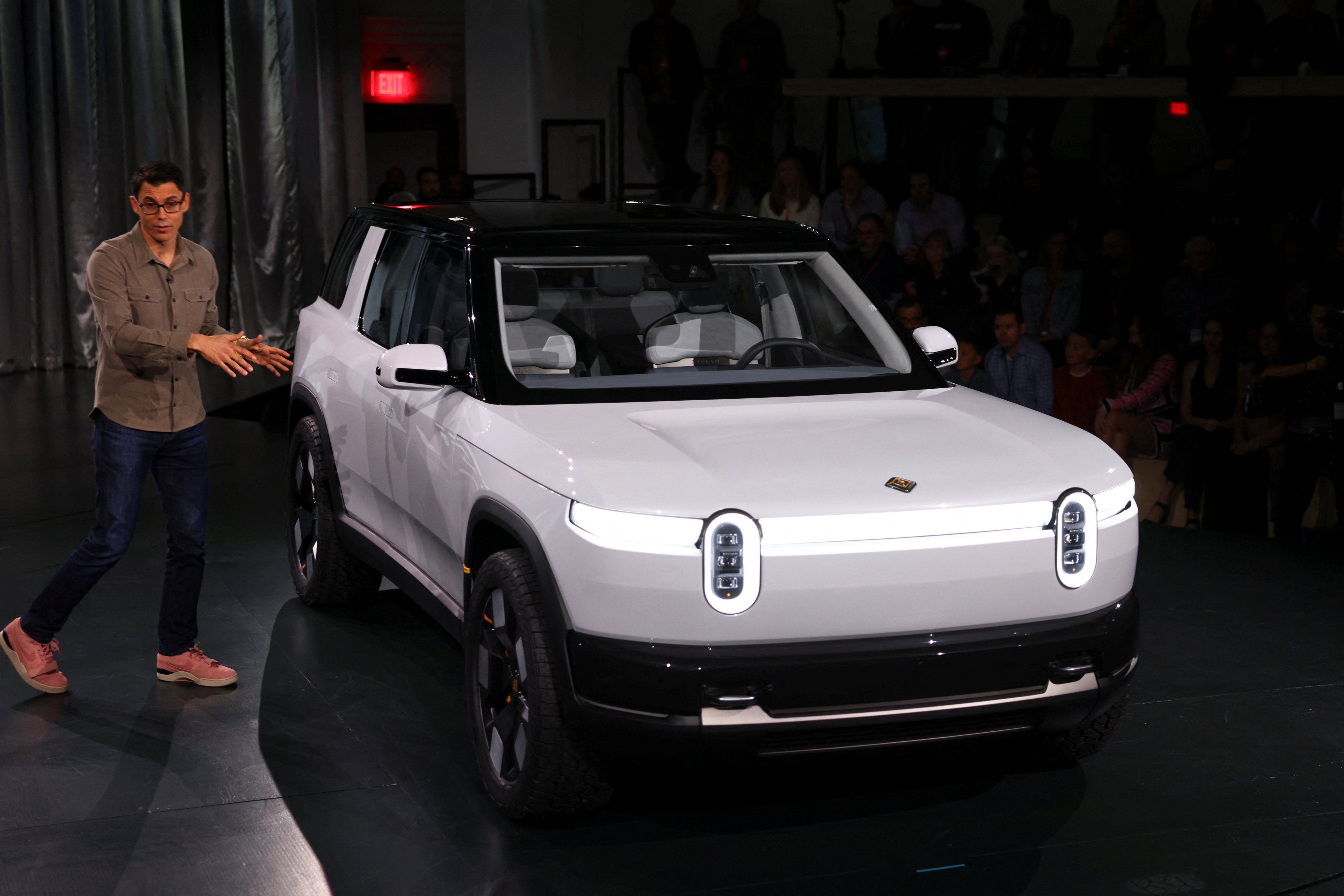 Electric truck maker Rivian unveils a smaller R2 SUV during an event in Laguna Beach