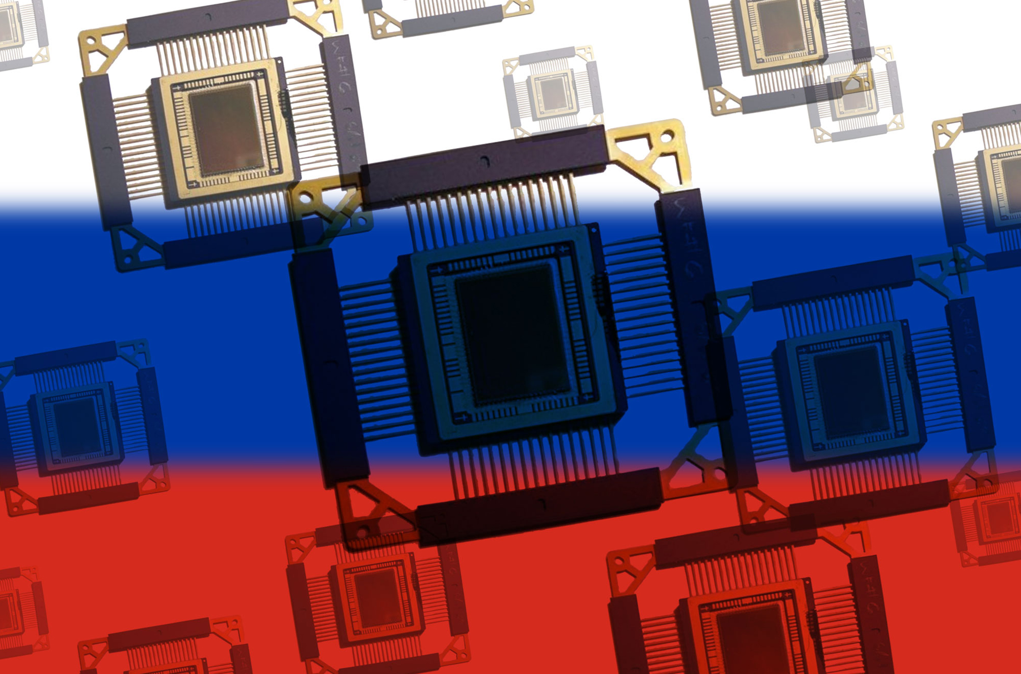 Microchips are seen with the colors of the Russian flag in an illustration