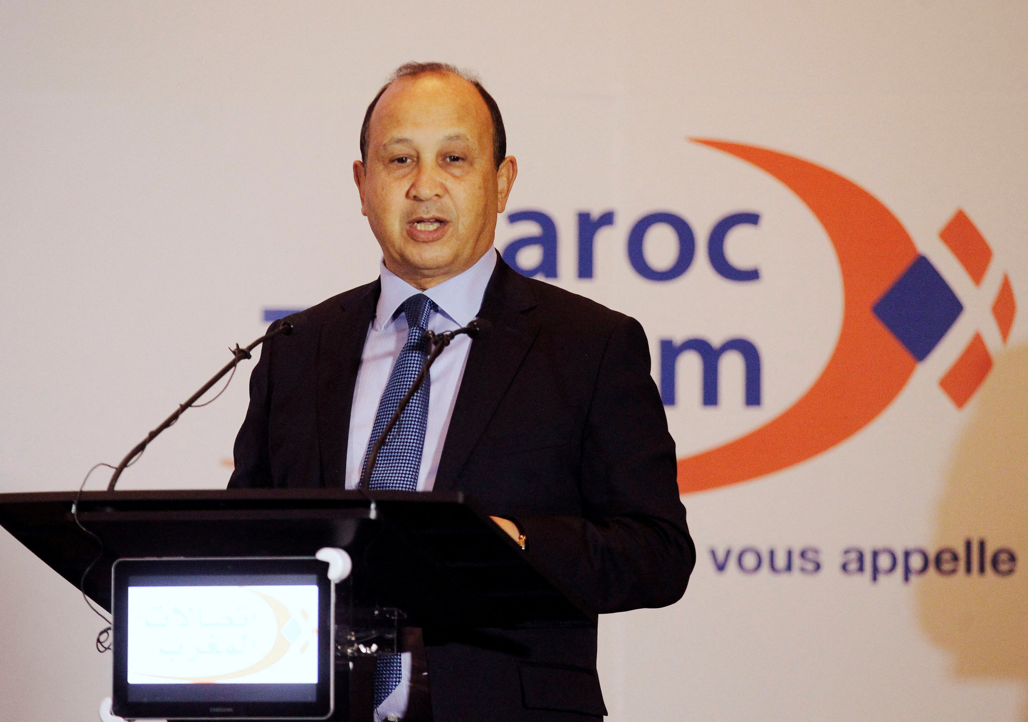 Maroc Telecom Chairman Ahizoune gestures during the company's full-year results news conference in Rabat