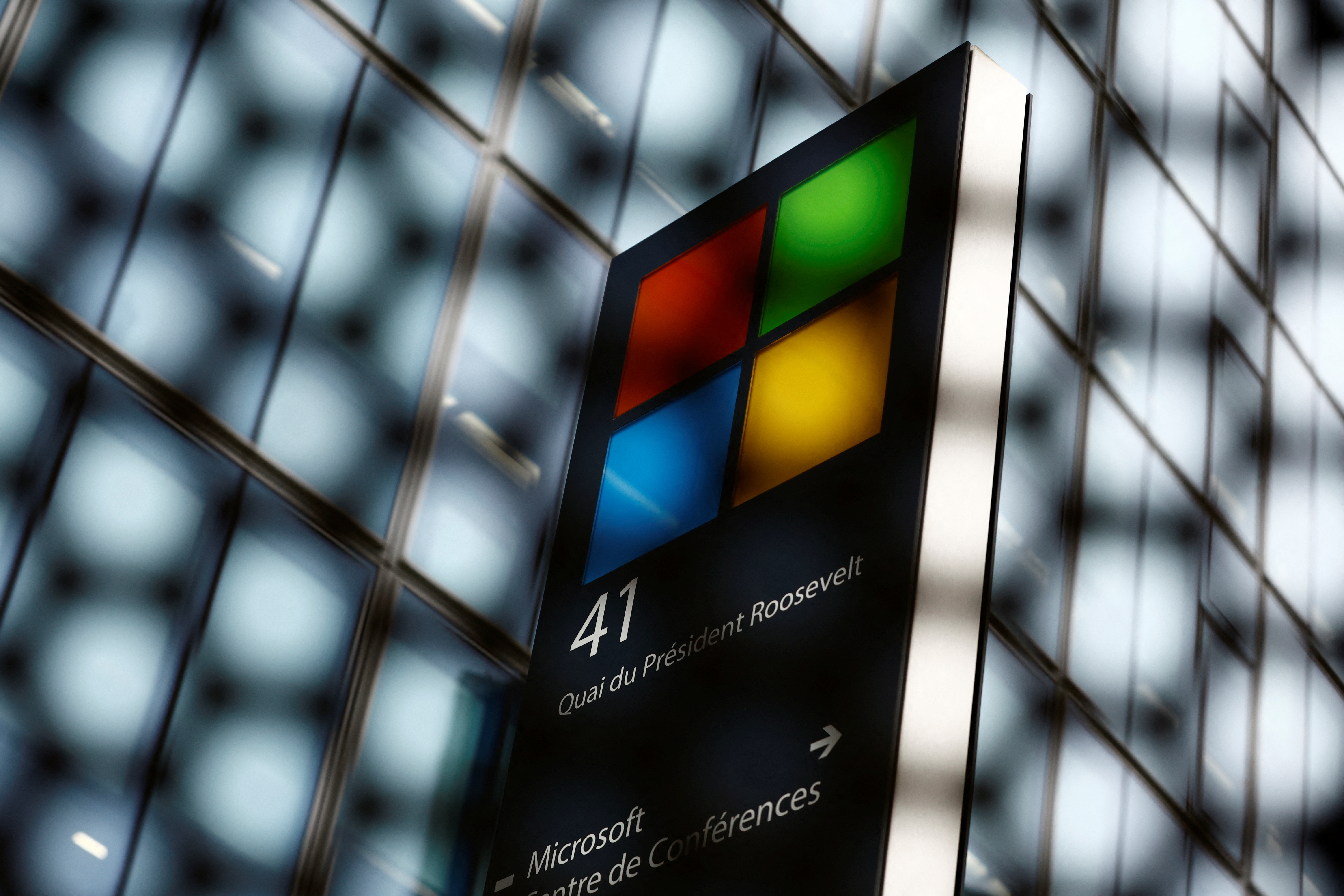 A Microsoft logo is seen in Issy-les-Moulineaux near Paris
