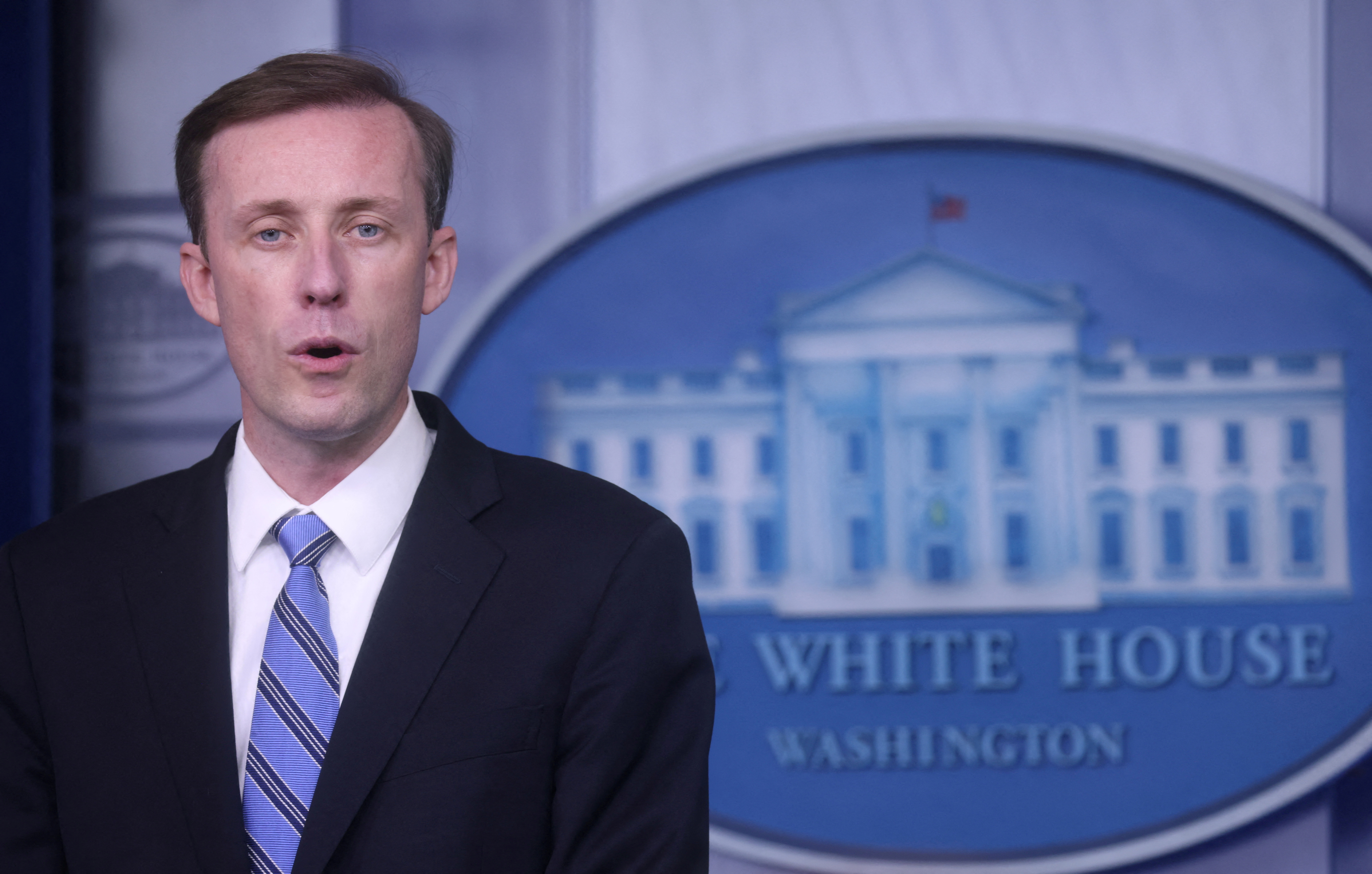 U.S. national security adviser Jake Sullivan speaks during a news briefing at the White House
