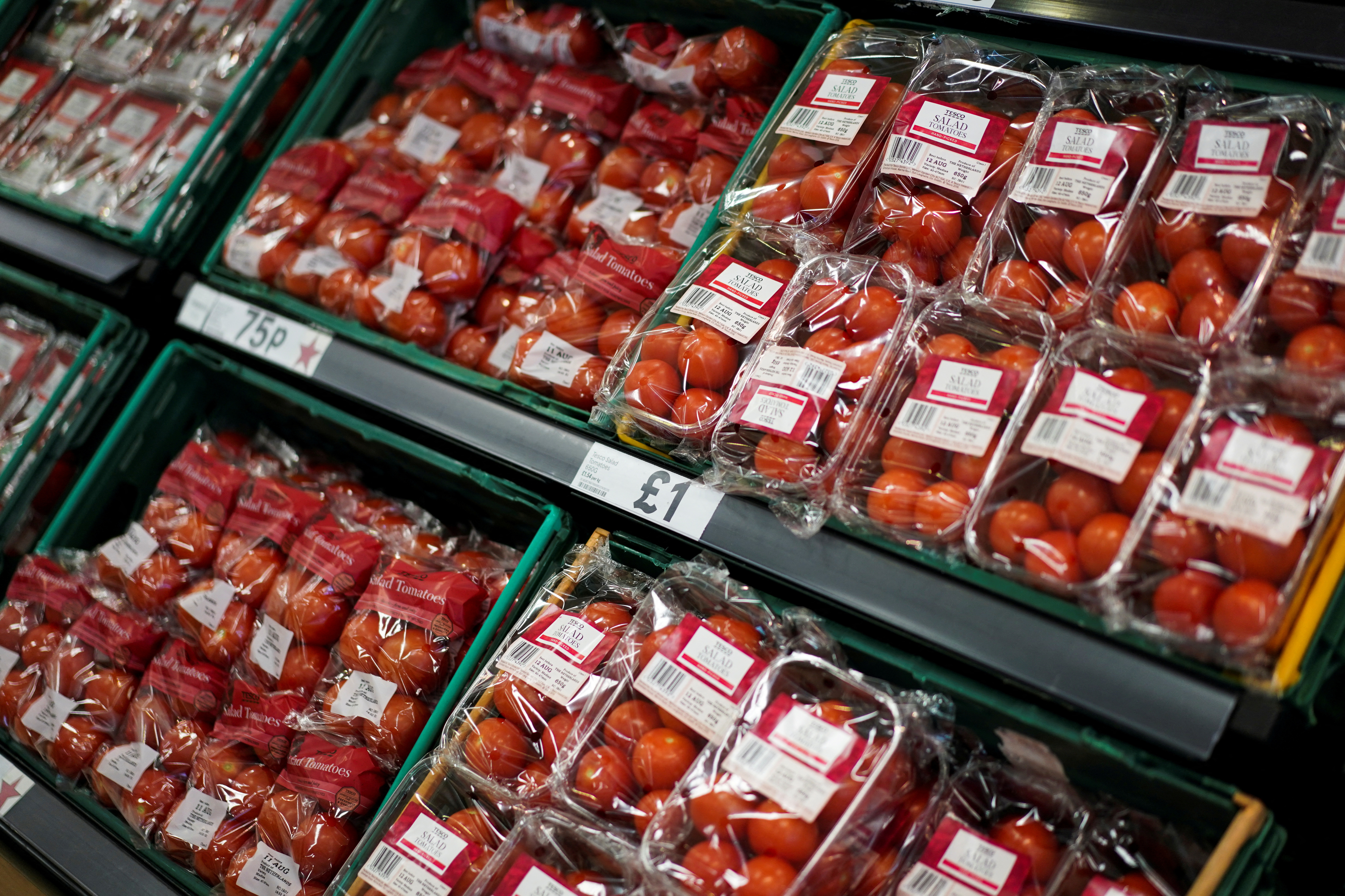 Tomatoes are displayed for sale inside a supermarket in London