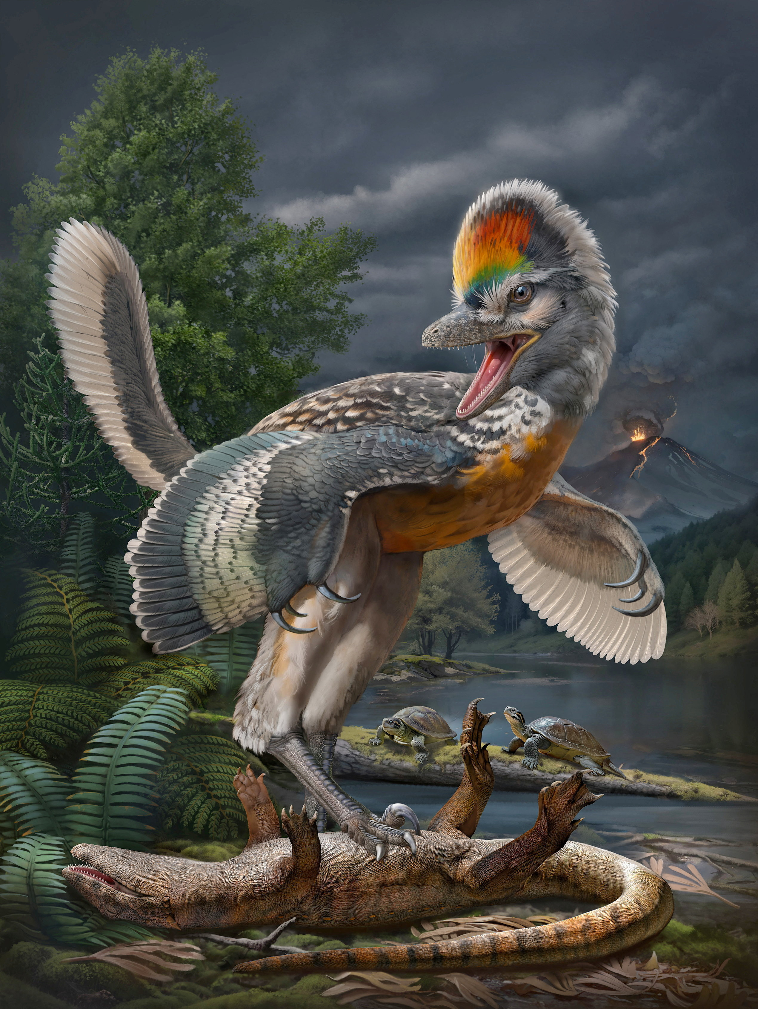 A life reconstruction of the bird-like dinosaur Fujianvenator prodigiosus, which lived 148 million to 150 million years ago in China