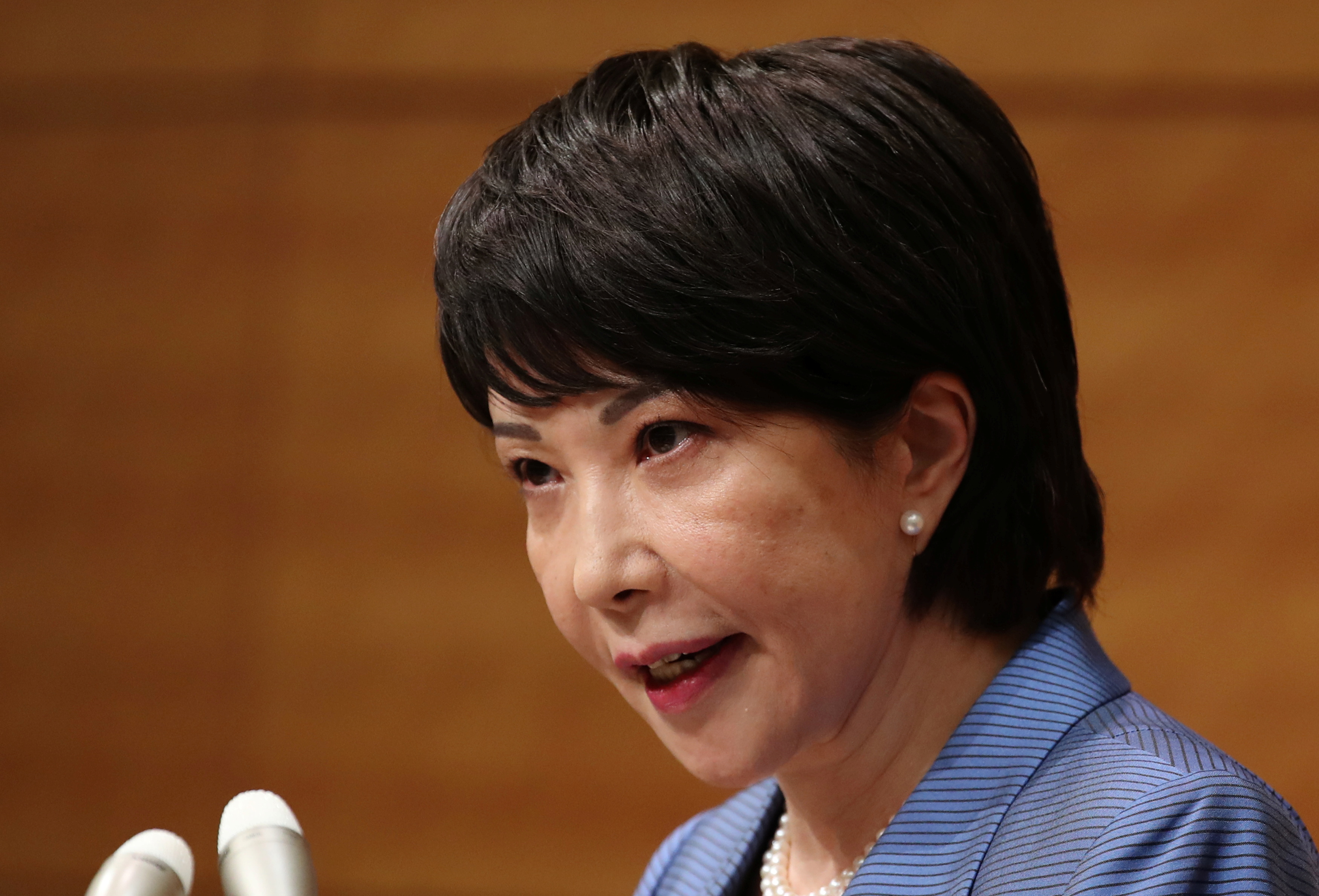 Japanese lawmaker Sanae Takaichi speaks at a news conference in Tokyo